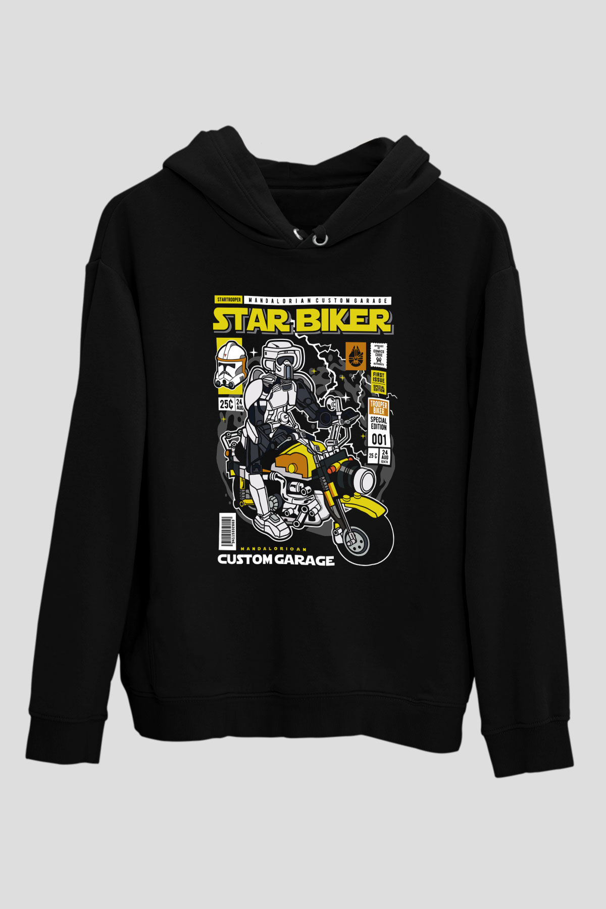Star Biker Baskılı Unisex Siyah Hoodie