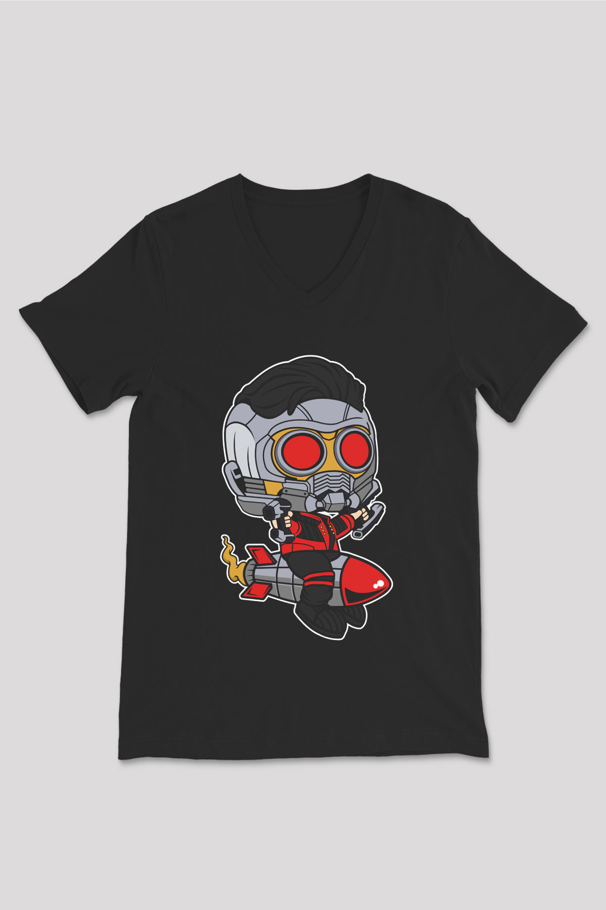Star Lord Rocket Baskılı Siyah Unisex V Yaka Tişört