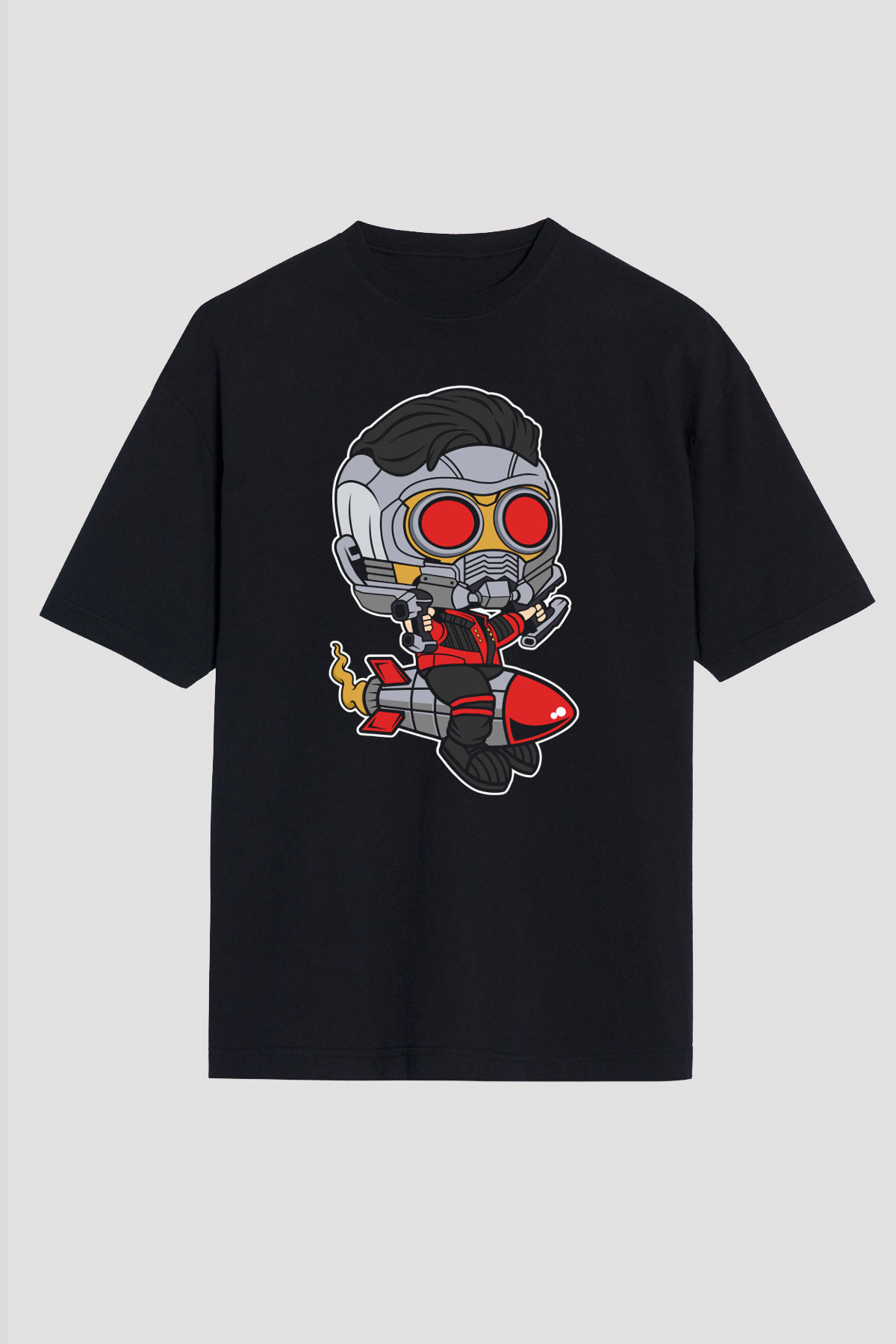 Star Lord Rocket Baskılı Siyah Unisex Oversize Tişört