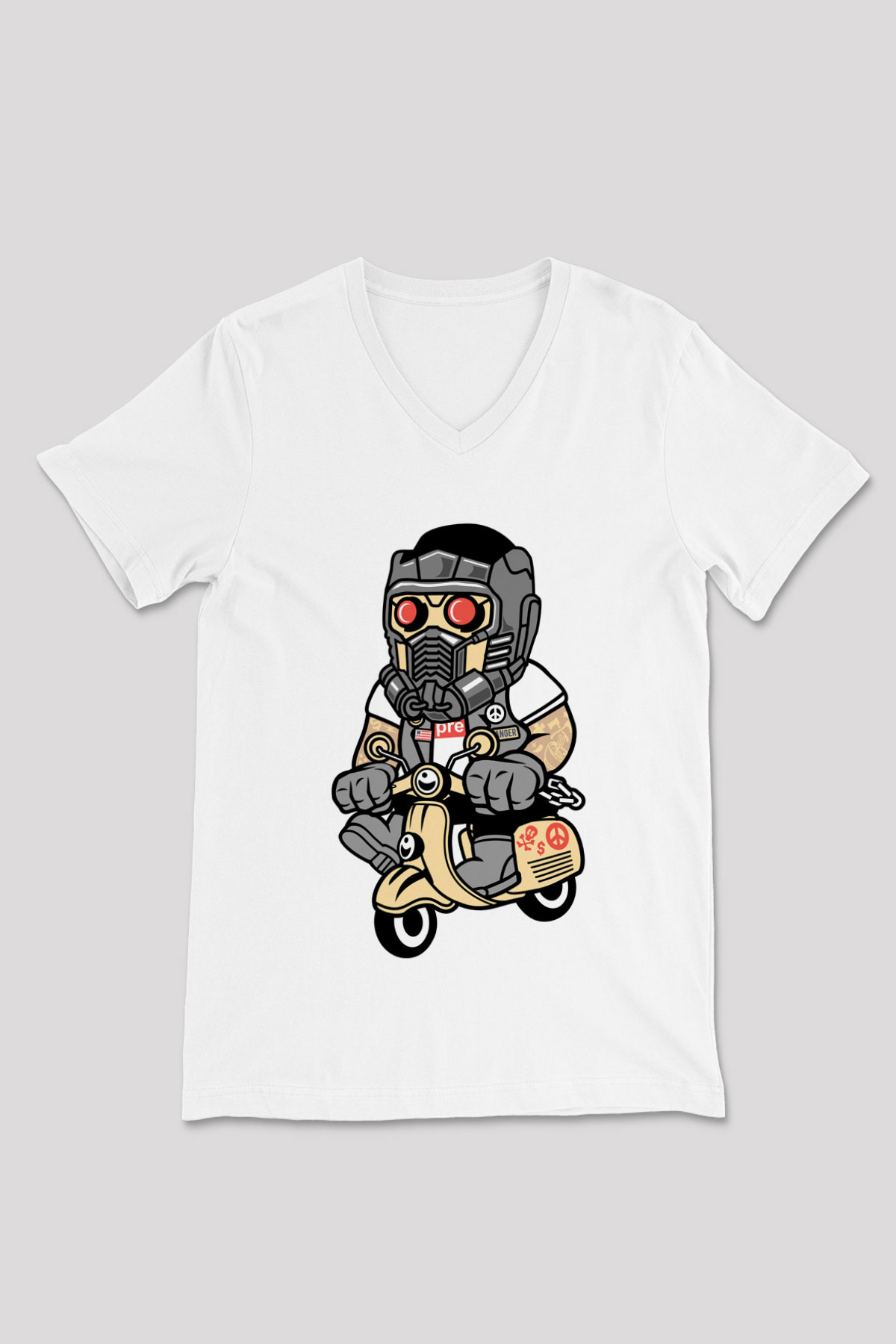 Star Lord Scooter Baskılı Beyaz Unisex V Yaka Tişört
