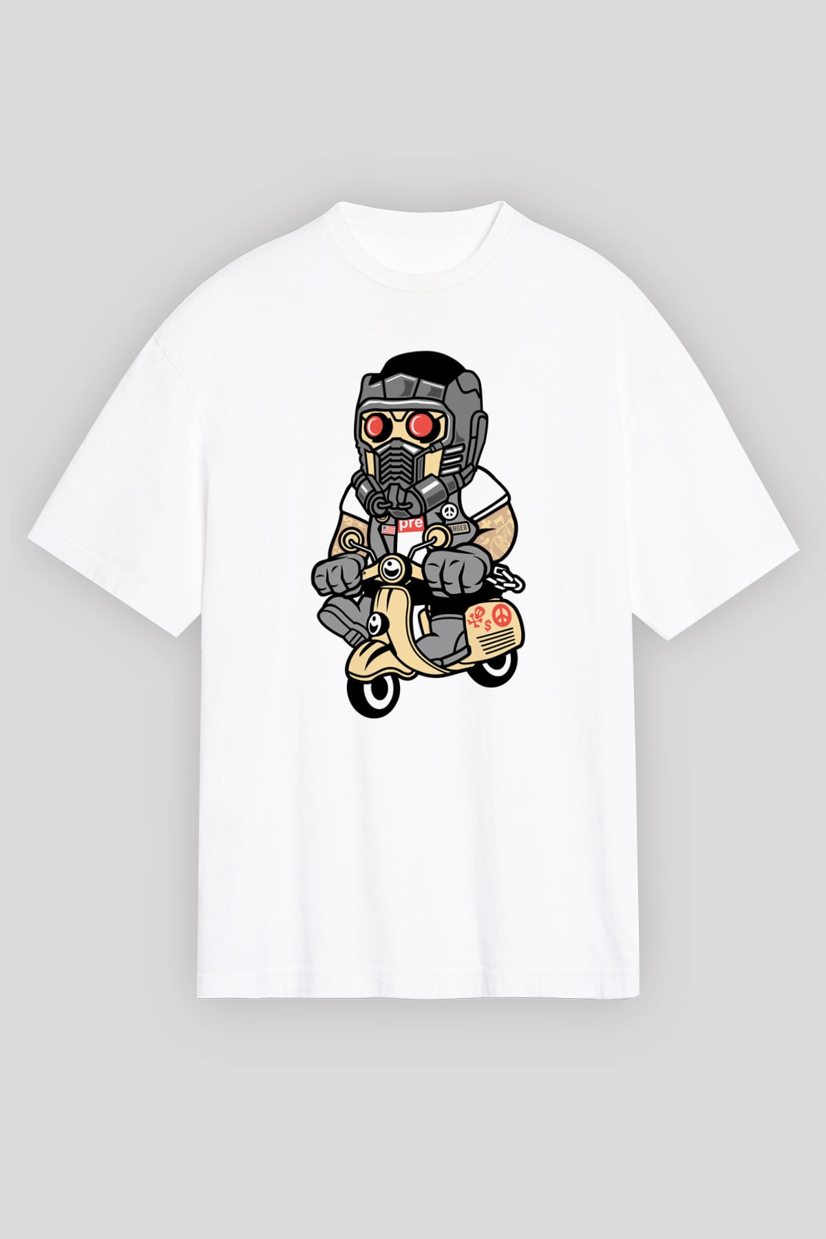 Star Lord Scooter Baskılı Beyaz Unisex Oversize Tişört