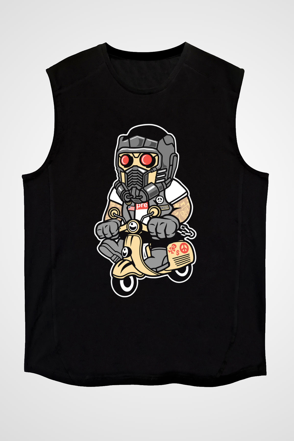 Star Lord Scooter Baskılı Siyah Unisex Kolsuz Tişört