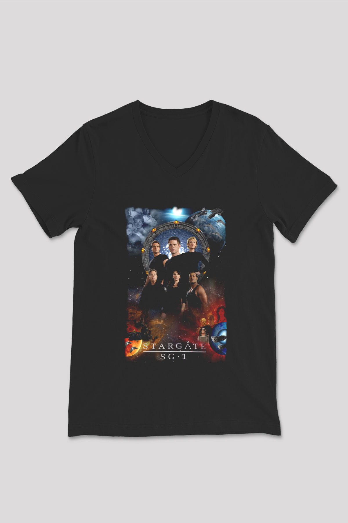Stargate SG-1 Siyah Unisex V Yaka Tişört