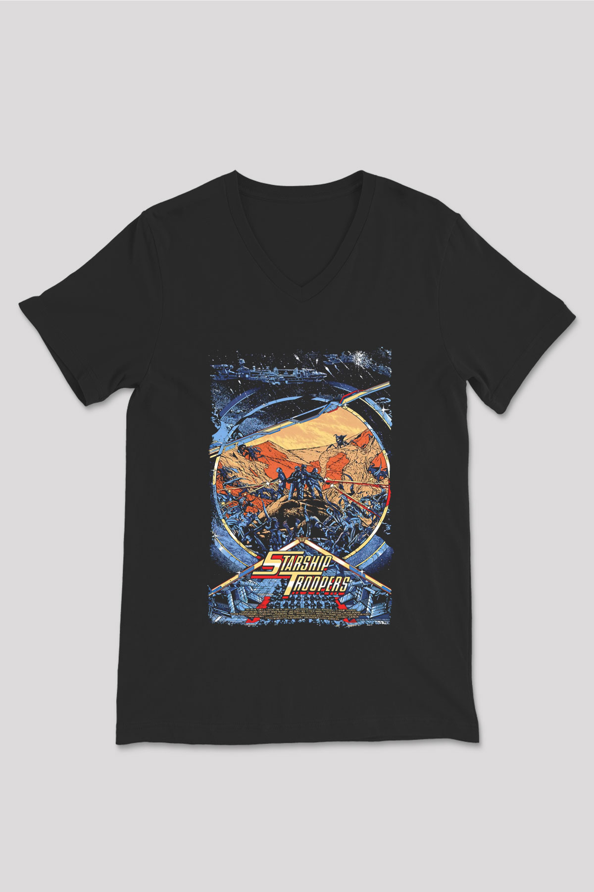 Starship Troopers Siyah Unisex  V Yaka Tişört