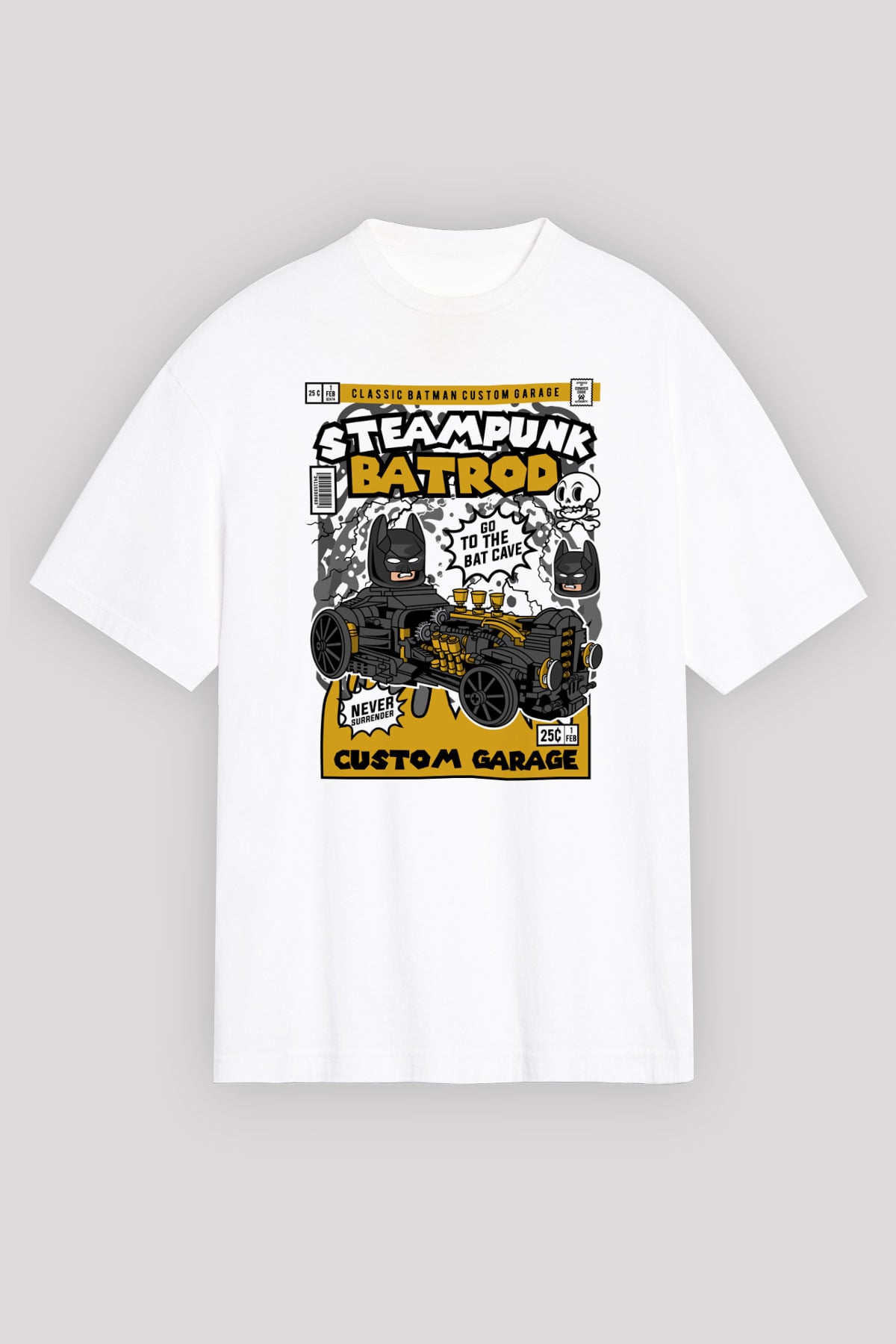 Steampunk BatRod Baskılı Unisex Beyaz Oversize Tişört