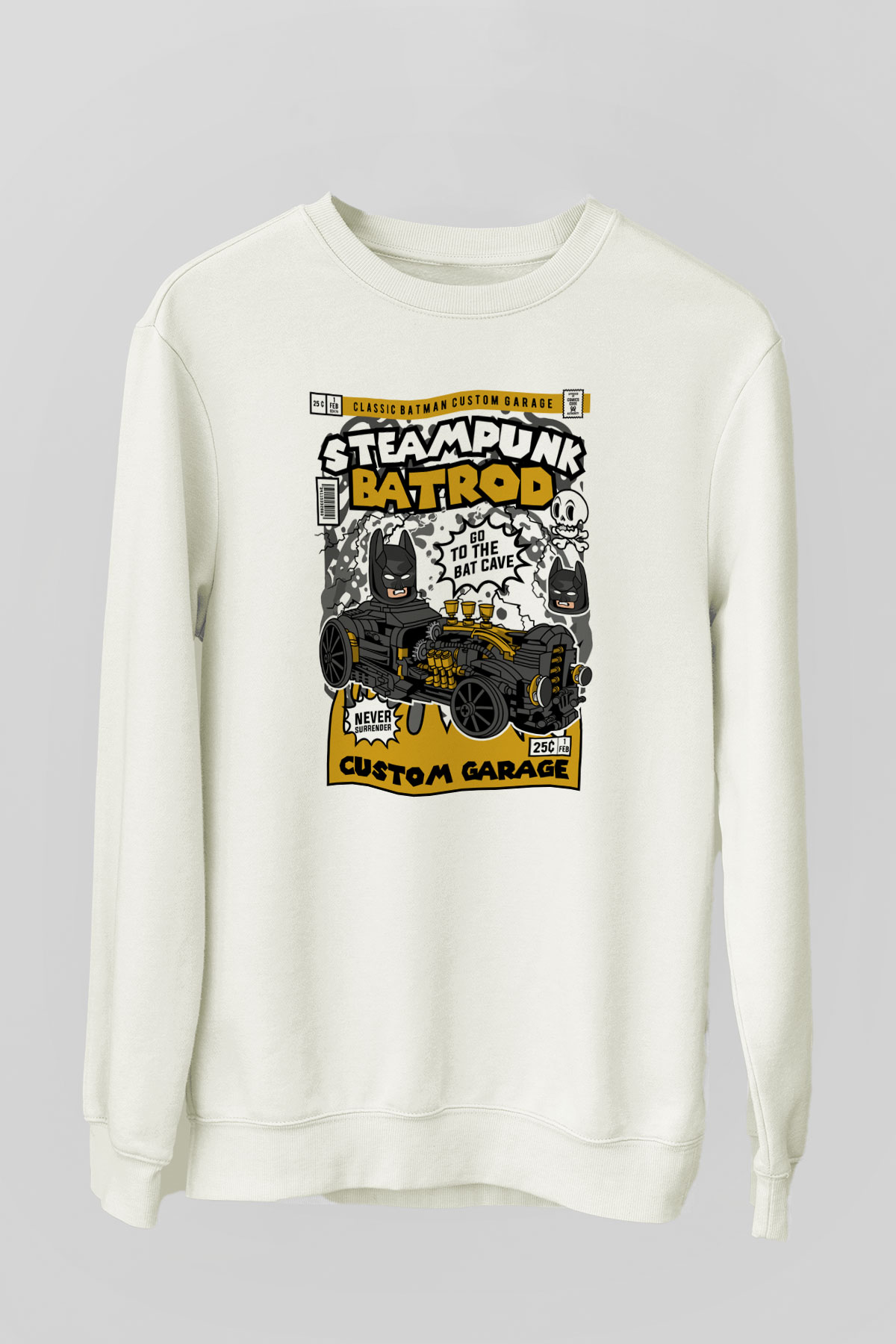 Steampunk BatRod Baskılı Unisex Beyaz Sweatshirt