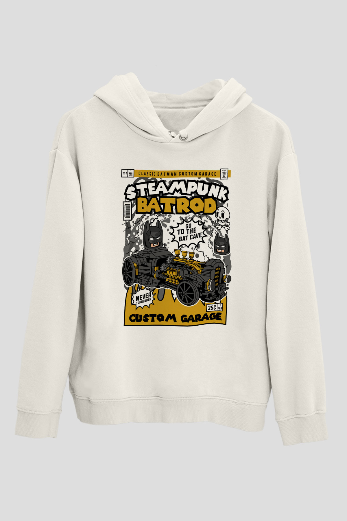 Steampunk BatRod Baskılı Unisex Beyaz Hoodie