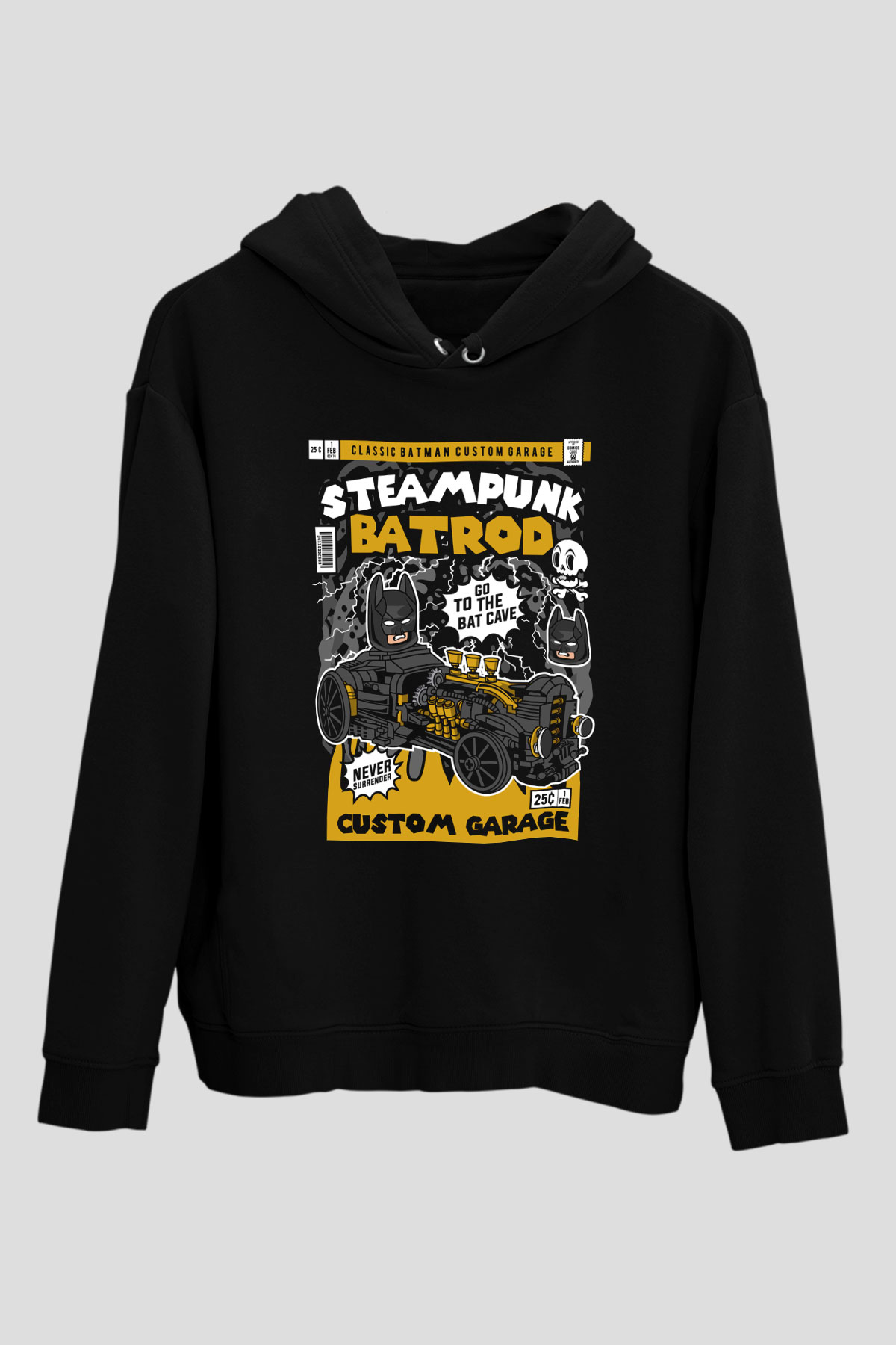 Steampunk BatRod Baskılı Unisex Siyah Hoodie