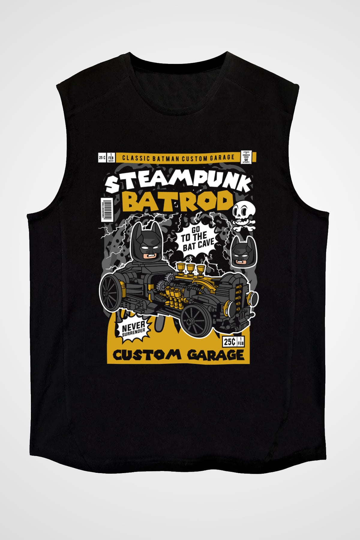 Steampunk BatRod Baskılı Unisex Siyah Kolsuz Tişört