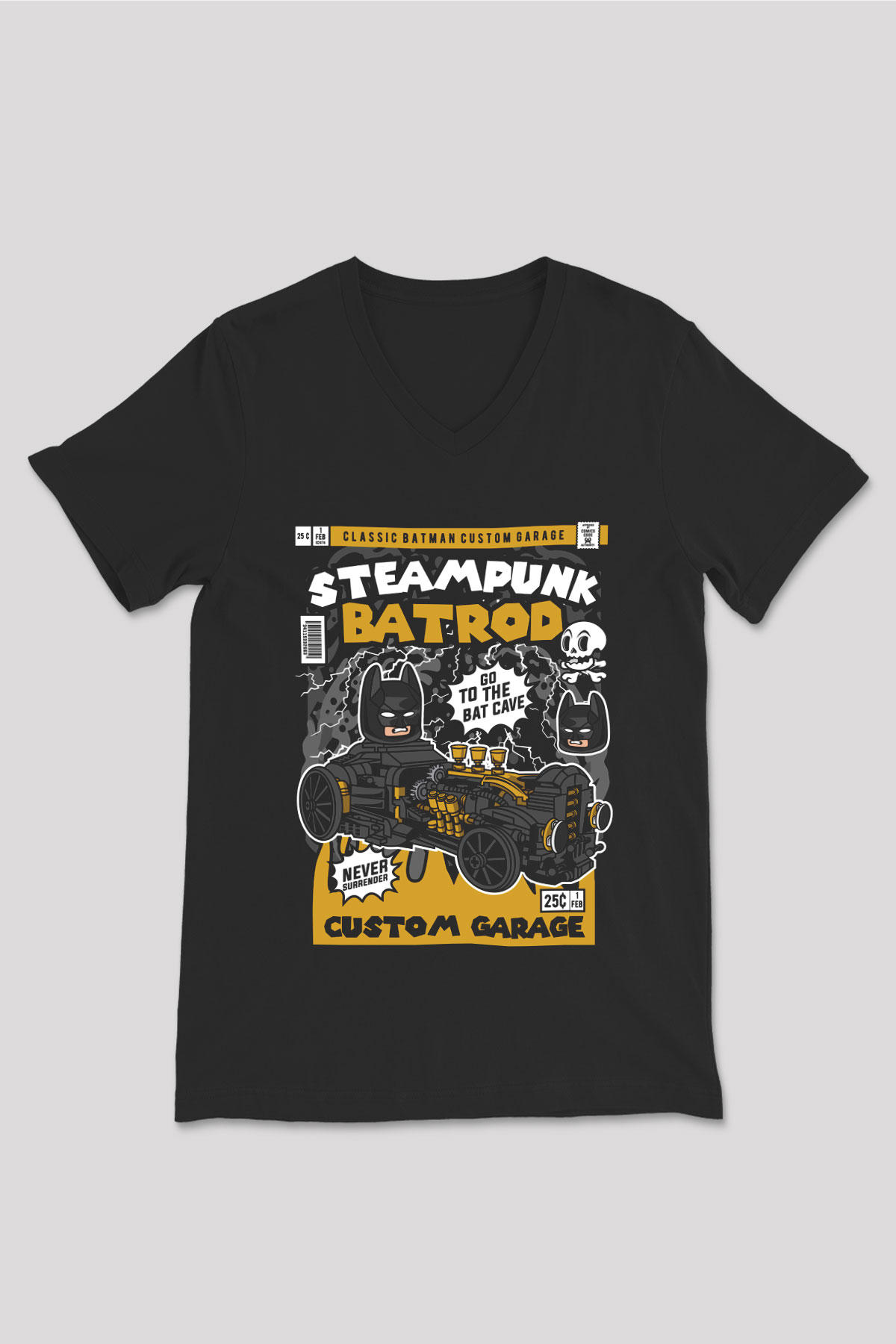 Steampunk BatRod Baskılı Unisex Siyah V Yaka Tişört