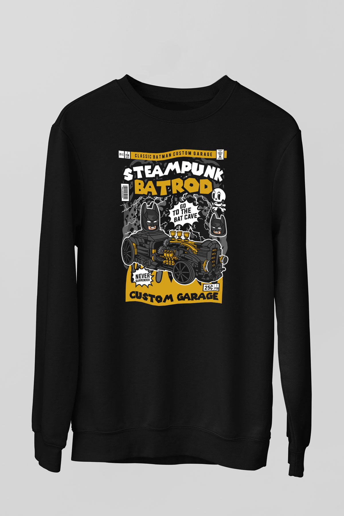 Steampunk BatRod Baskılı Unisex Siyah Sweatshirt
