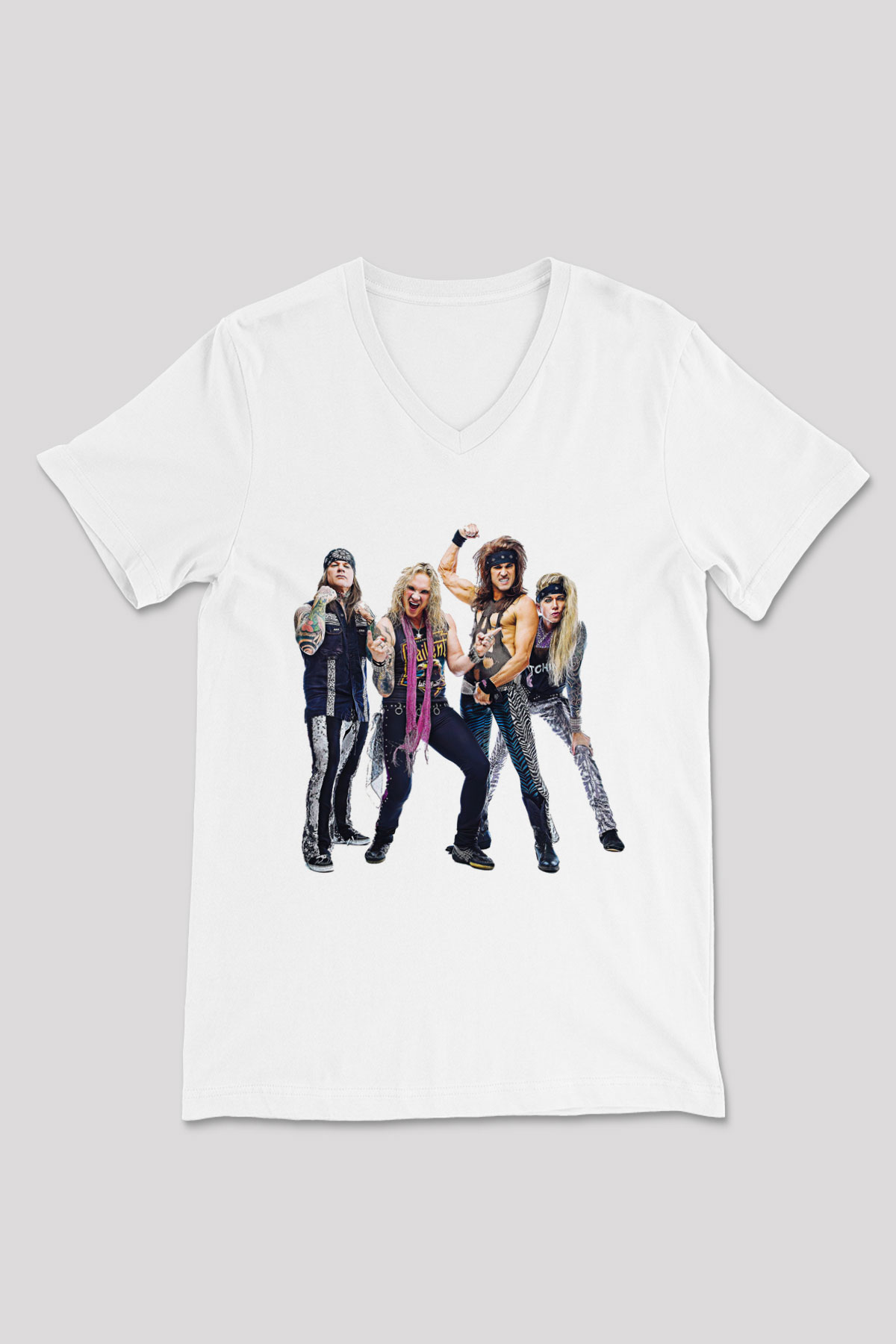 Steel Panther Baskılı Beyaz Unisex V Yaka Tişört - Tshirt