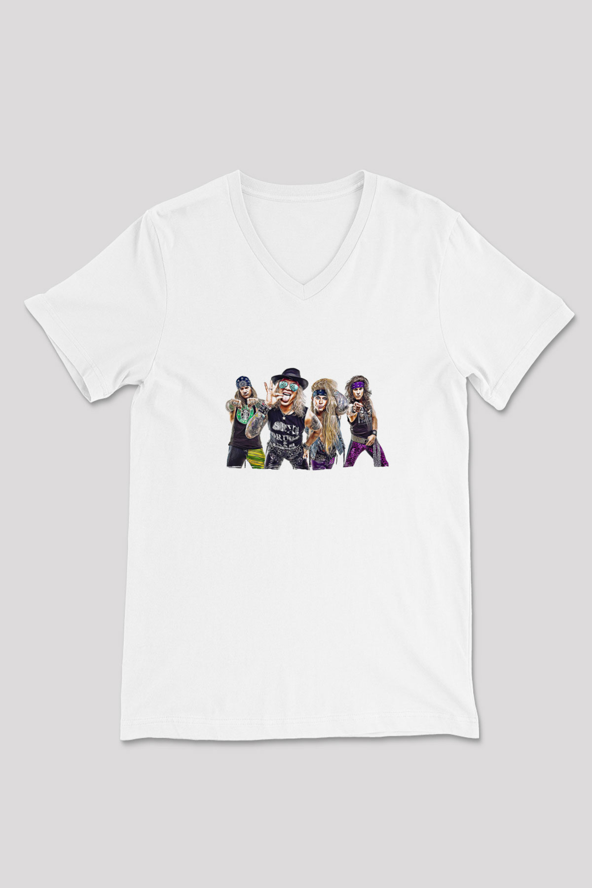 Steel Panther Baskılı Beyaz Unisex V Yaka Tişört - Tshirt