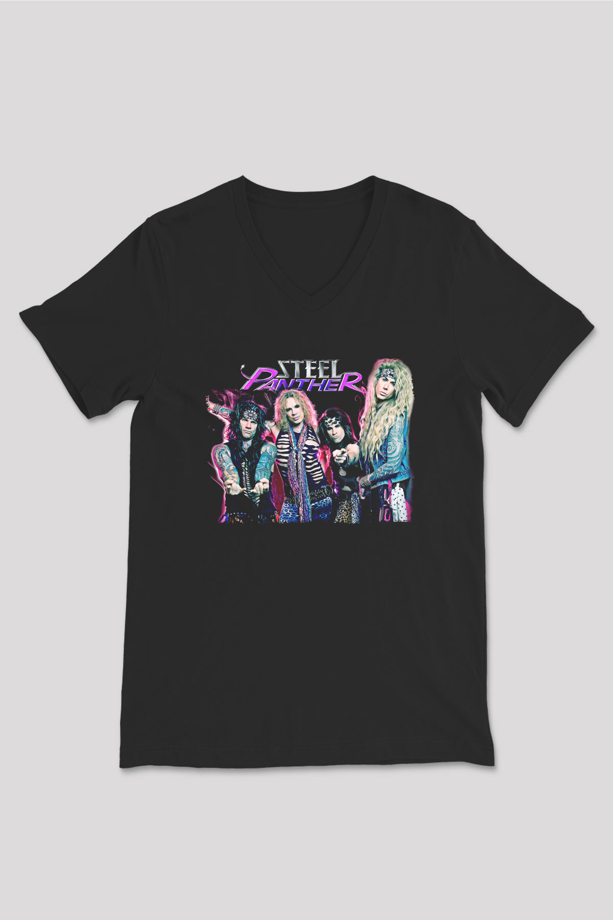 Steel Panther Baskılı Unisex Siyah V Yaka Tişört - Tshirt