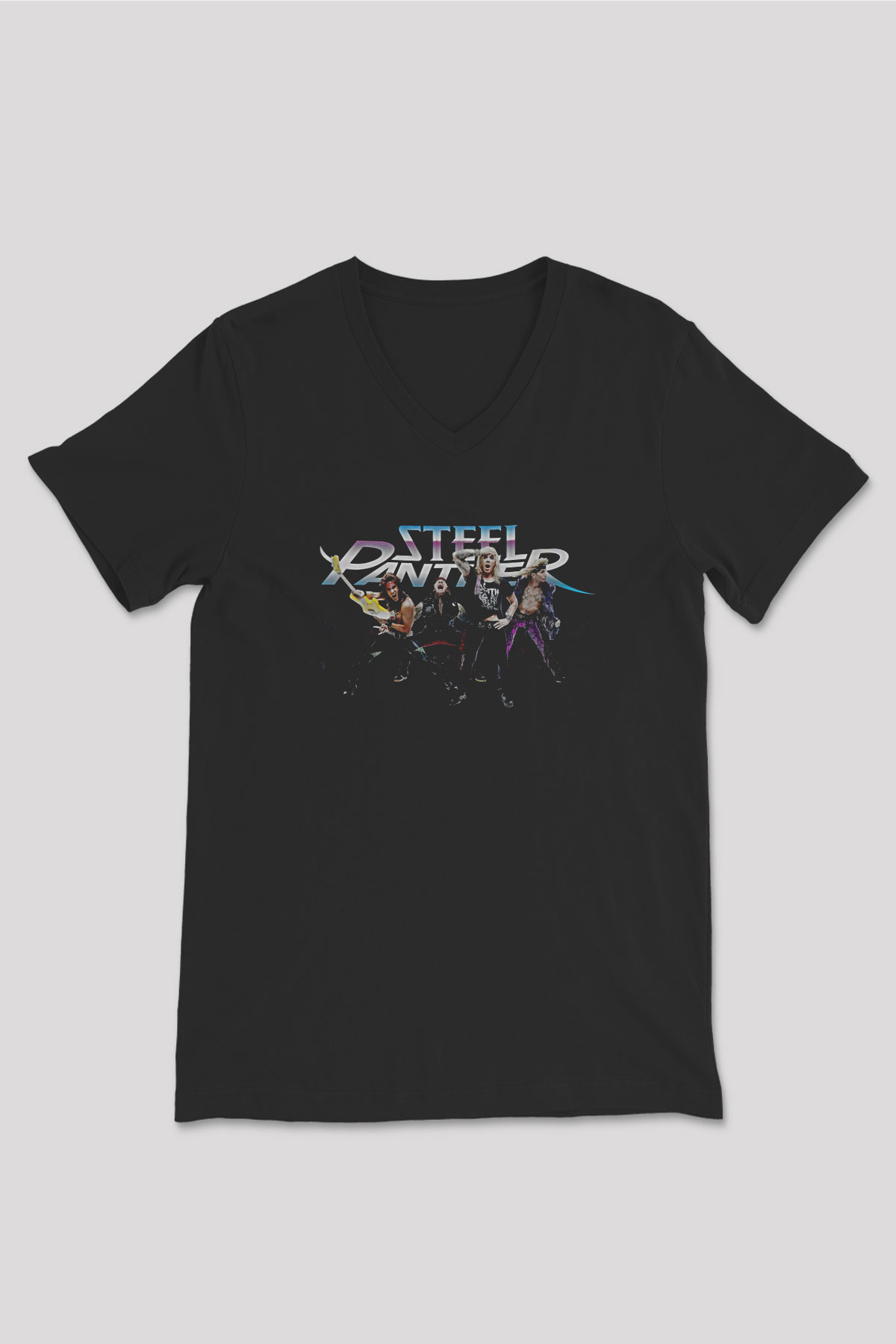 Steel Panther Baskılı Unisex Siyah V Yaka Tişört - Tshirt