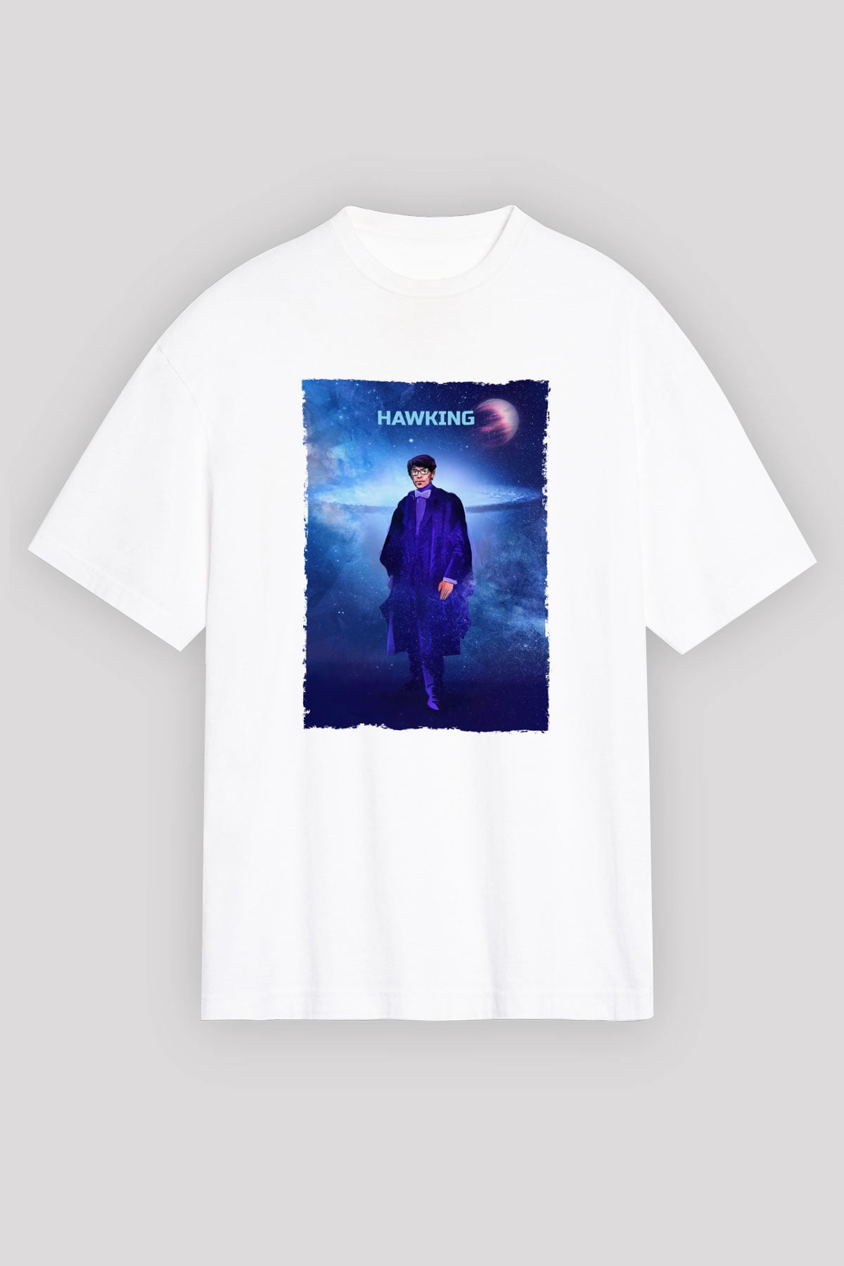 Stephen Hawking Baskılı Unisex Oversize Beyaz Tişört - Tshirt