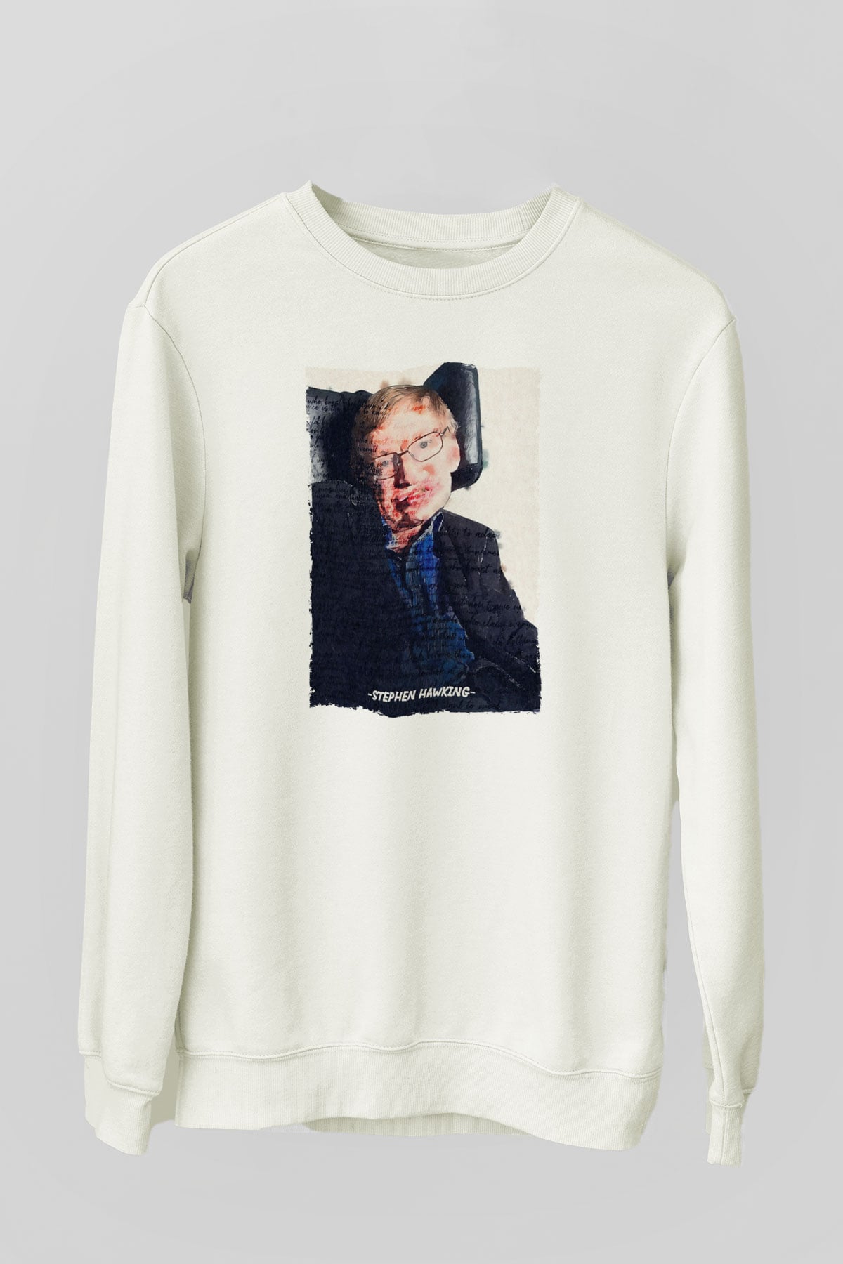Stephen Hawking Yazılı Portre Baskılı Unisex Ekru Sweatshirt