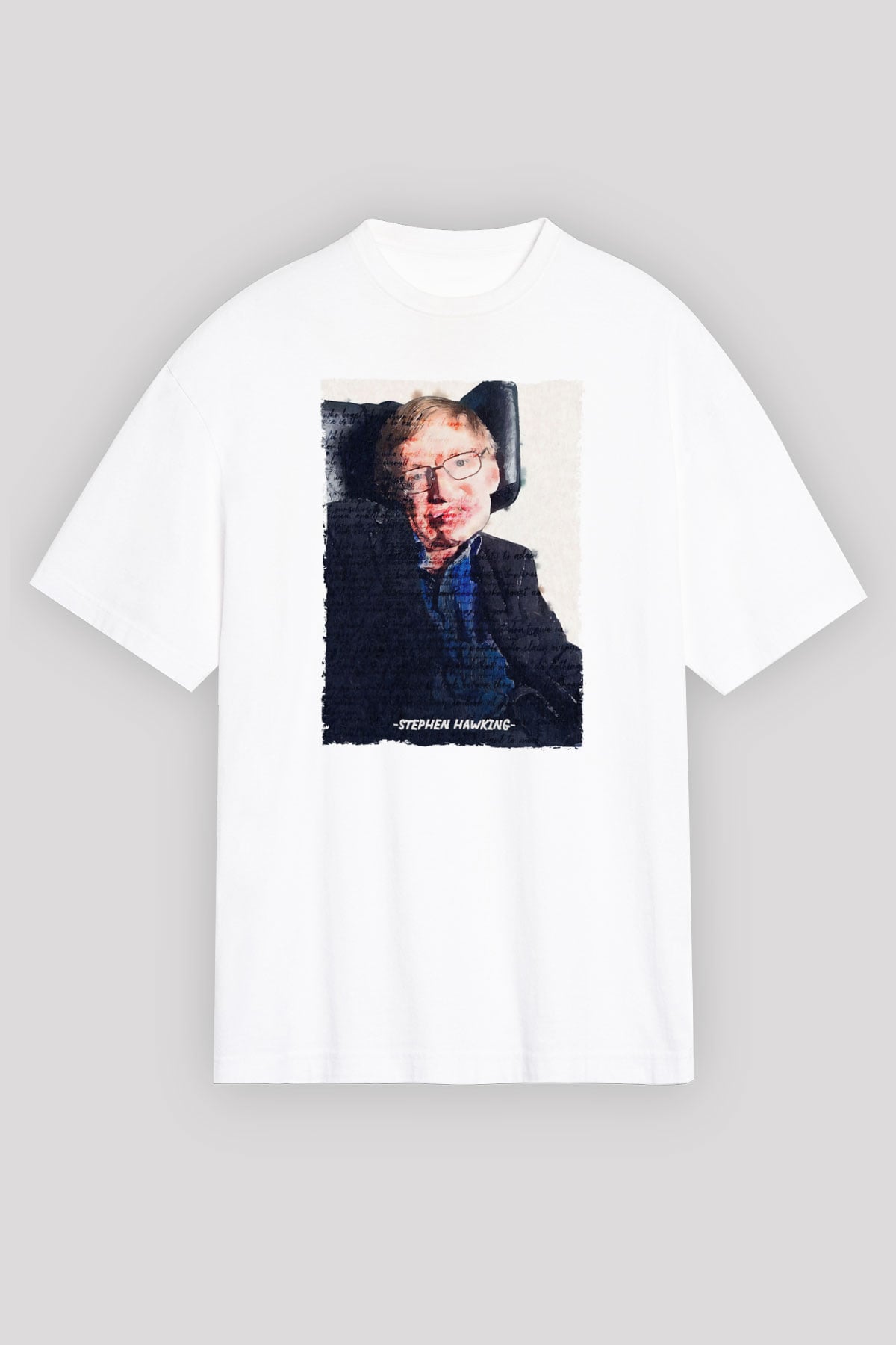 Stephen Hawking Yazılı Portre Baskılı Unisex Oversize Beyaz Tişört - Tshirt