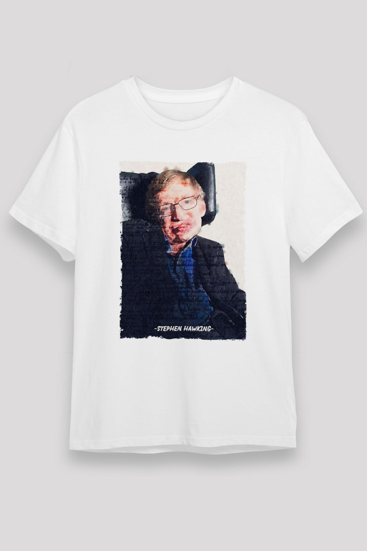 Stephen Hawking Yazılı Portre Baskılı Unisex Beyaz Tişört - Tshirt