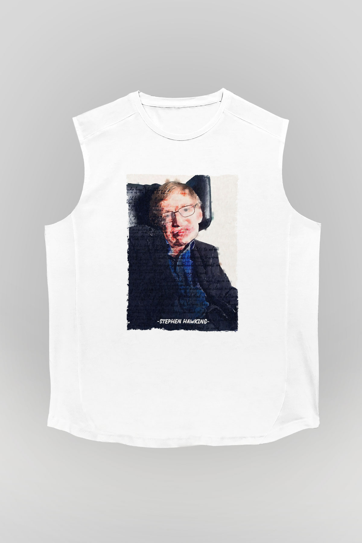 Stephen Hawking Yazılı Portre Baskılı Unisex Kolsuz Beyaz Tişört - Tshirt