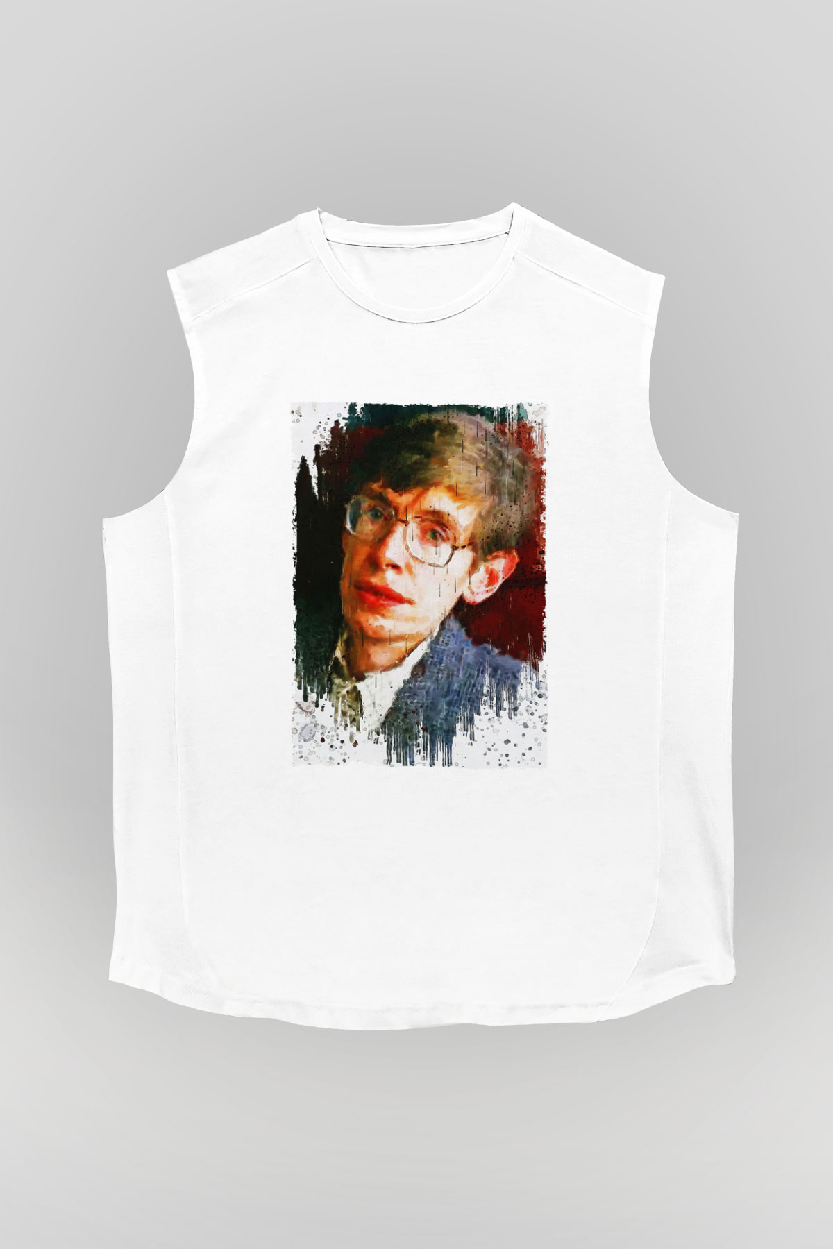Stephen William Hawking Baskılı Unisex Kolsuz Beyaz Tişört - Tshirt
