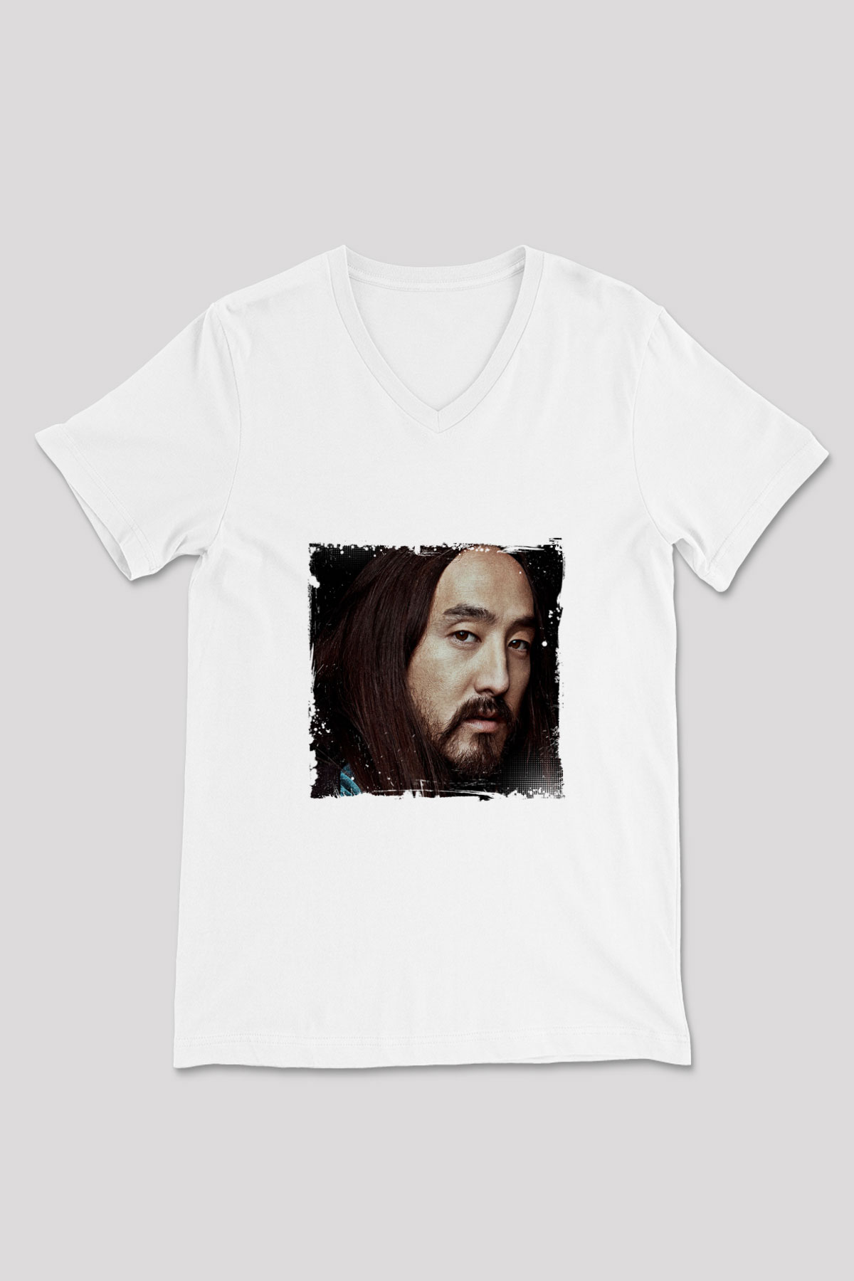 Steve Aoki Baskılı Beyaz V Yaka Unisex Tişört