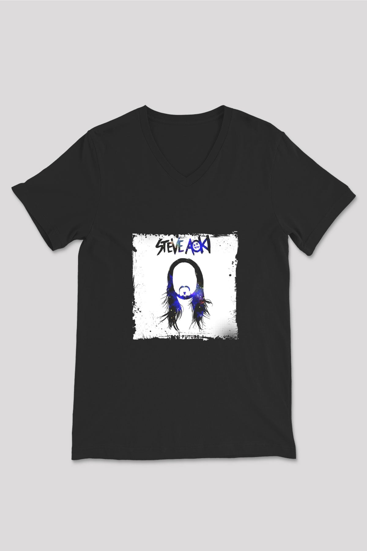 Steve Aoki Baskılı Unisex Siyah V Yaka Tişört