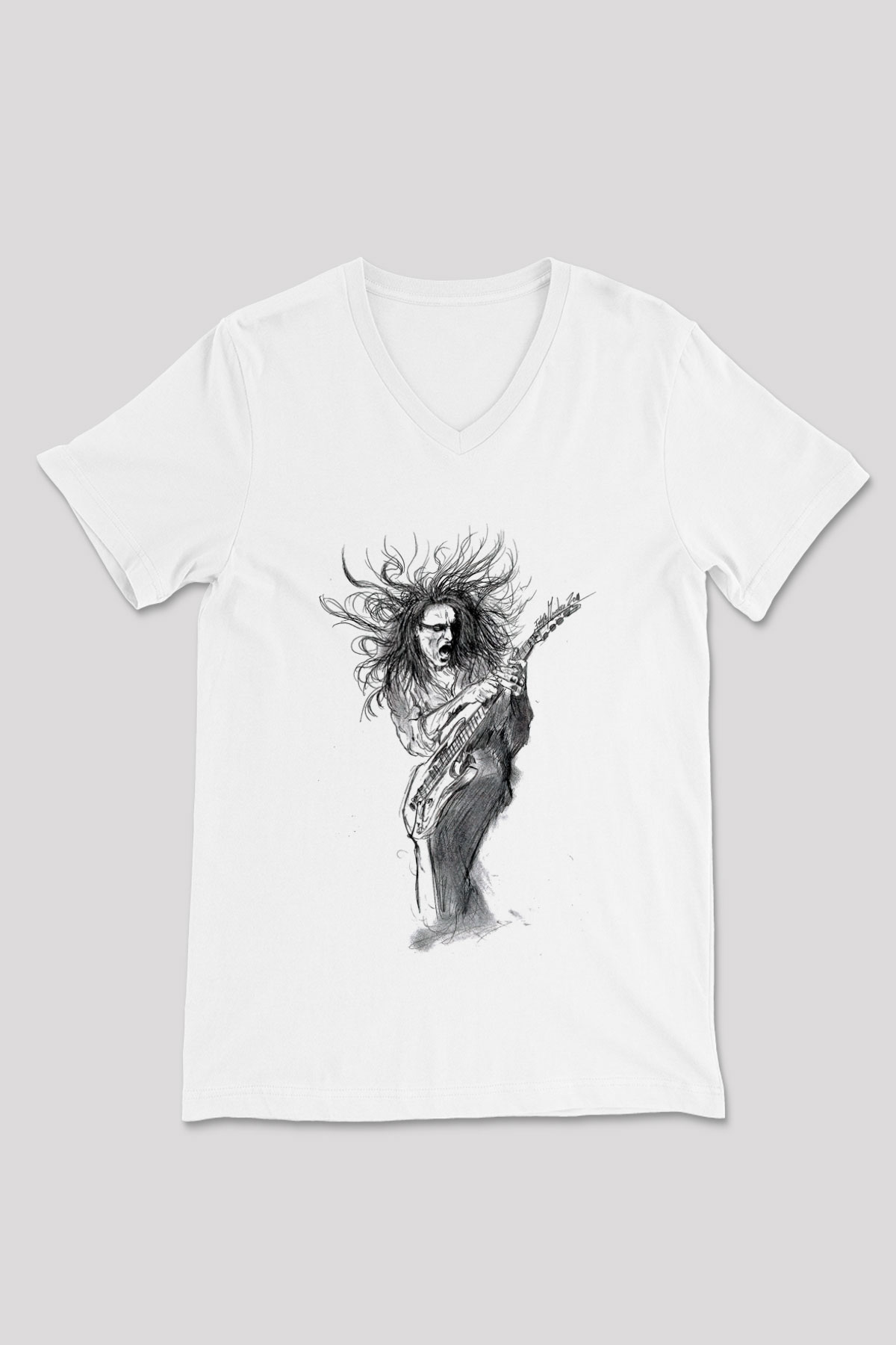 Steve Vai Baskılı Beyaz Unisex V Yaka Tişört - Tshirt
