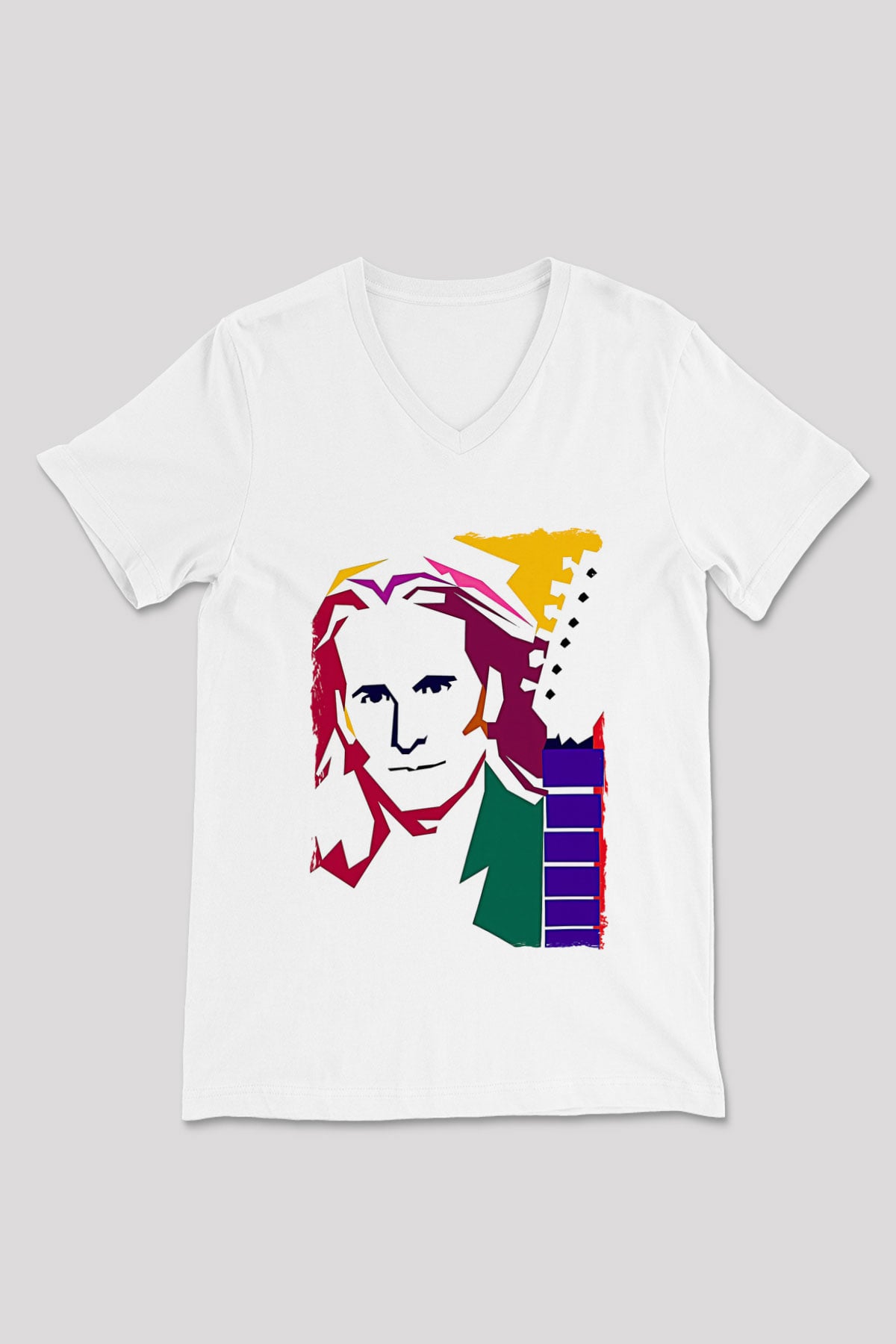 Steve Vai Baskılı Beyaz Unisex V Yaka Tişört - Tshirt
