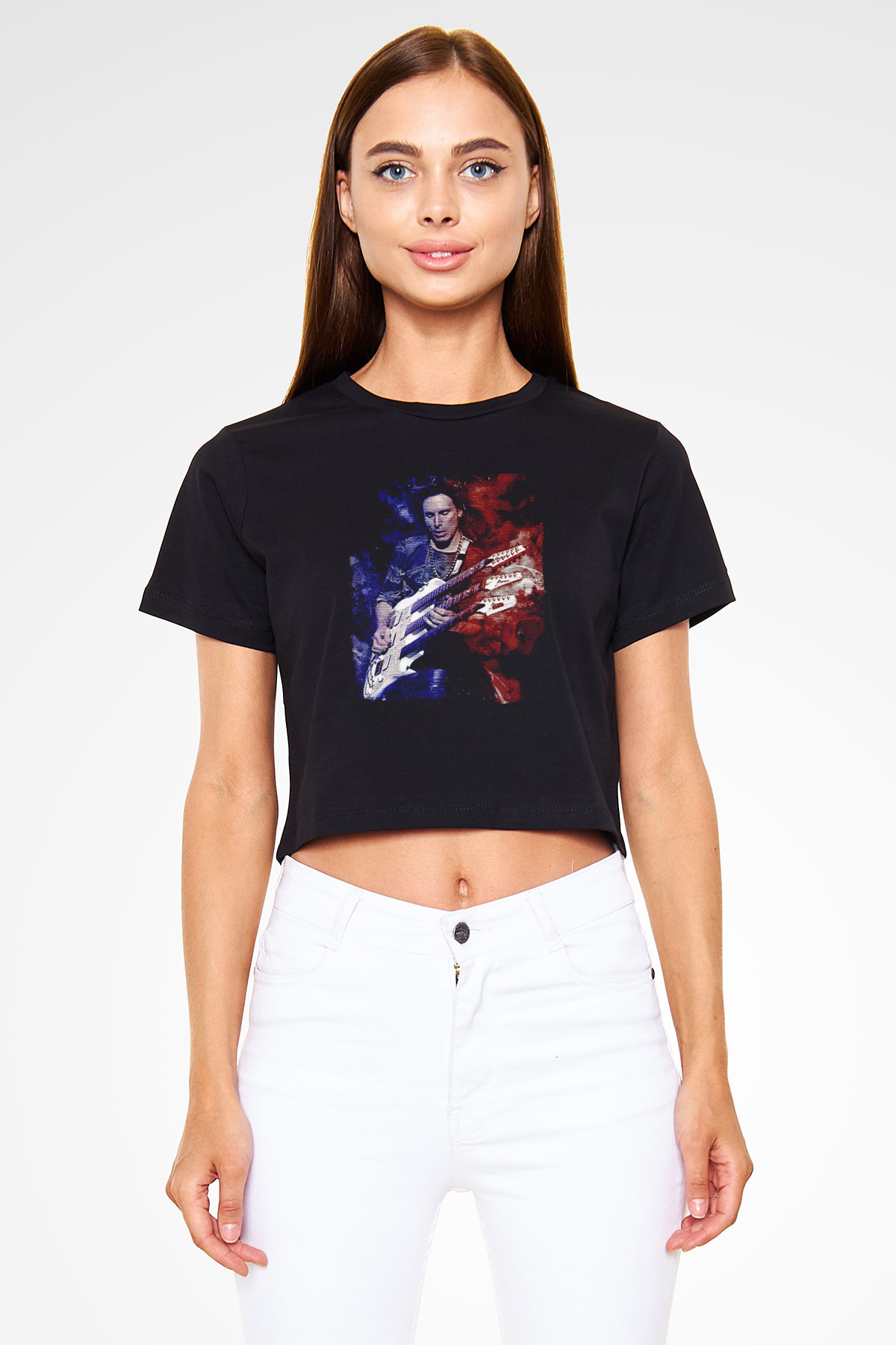 Steve Vai Baskılı Siyah Crop Top Kadın Tişört - Tshirt