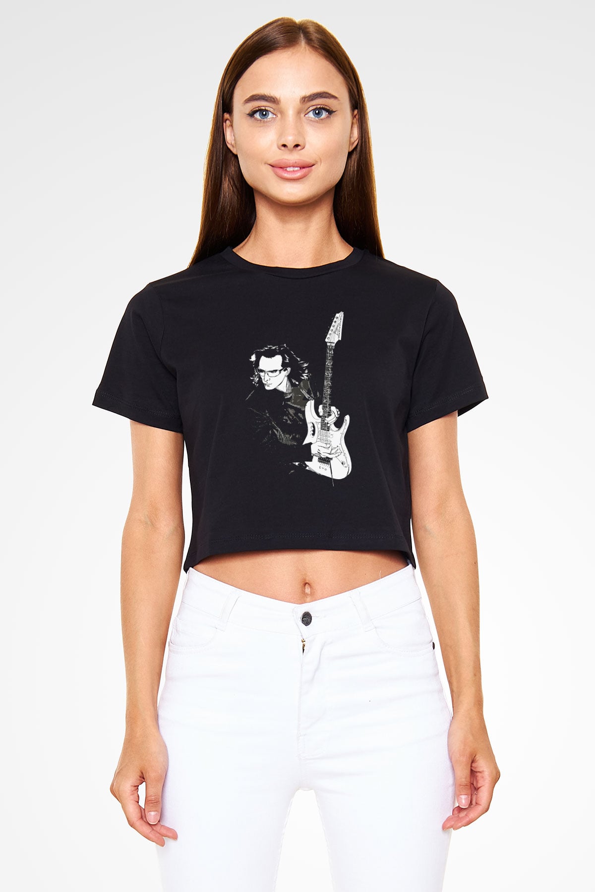 Steve Vai Baskılı Siyah Crop Top Kadın Tişört - Tshirt