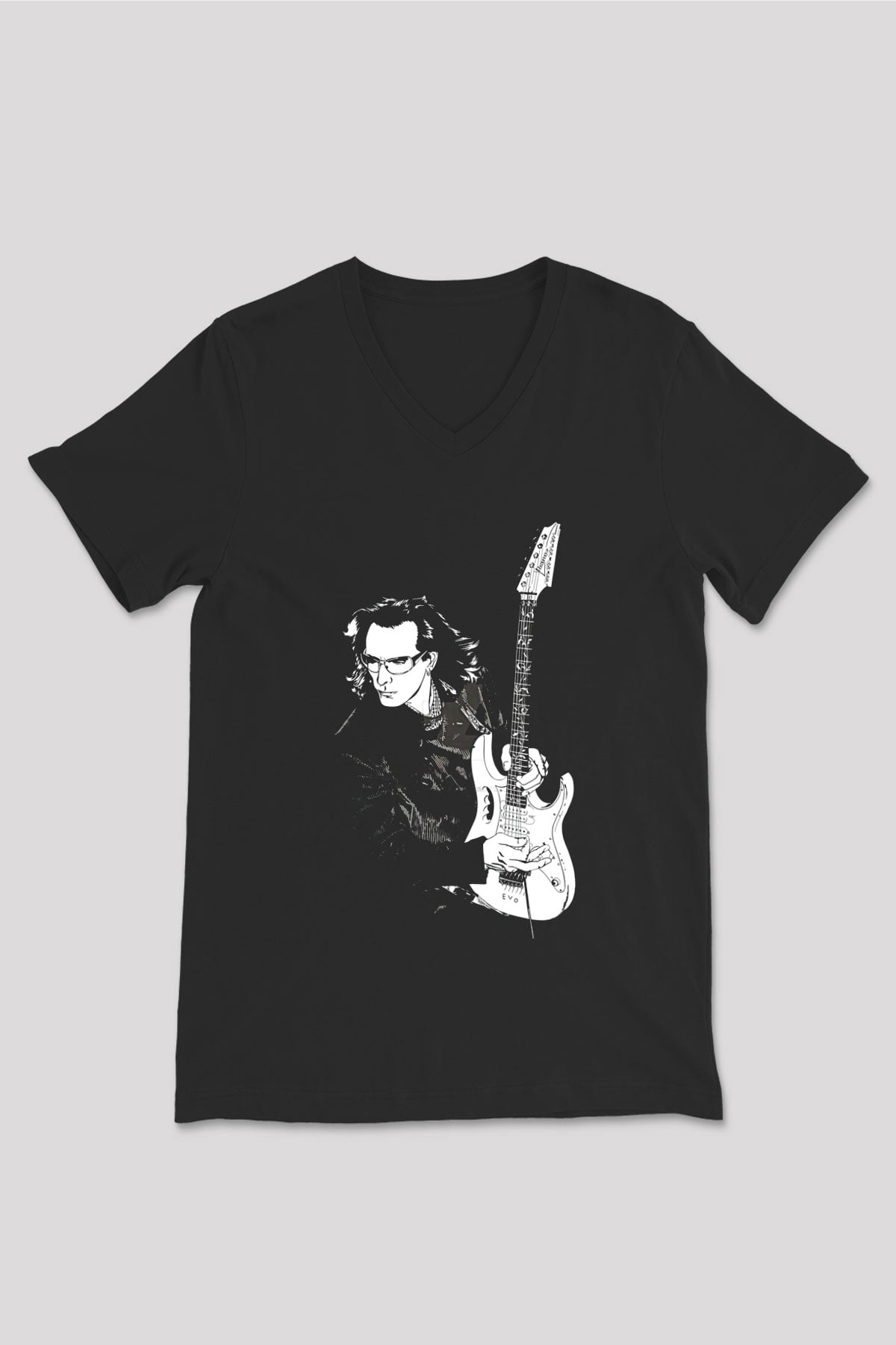 Steve Vai Baskılı Unisex Siyah V Yaka Tişört - Tshirt