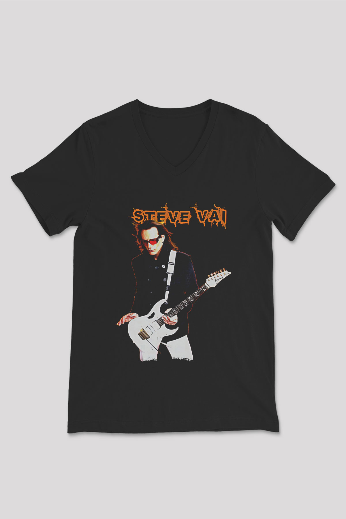 Steve Vai Baskılı Unisex Siyah V Yaka Tişört - Tshirt