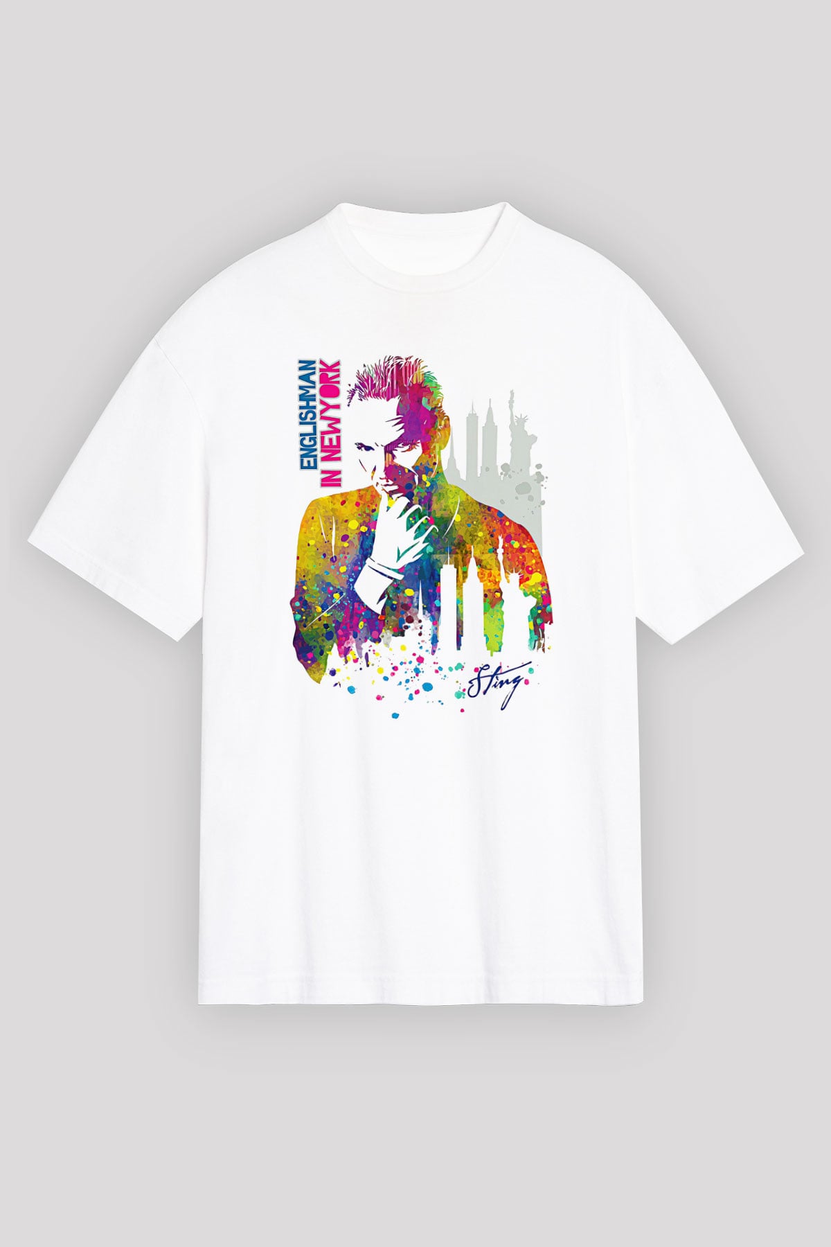 Sting Baskılı Beyaz Unisex Oversize Tişört - Tshirt