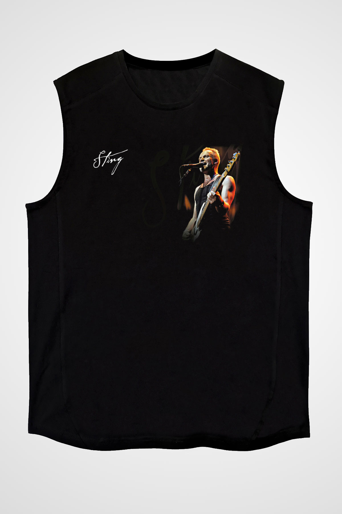 Sting Baskılı Unisex Siyah Kolsuz Tişört - Tshirt