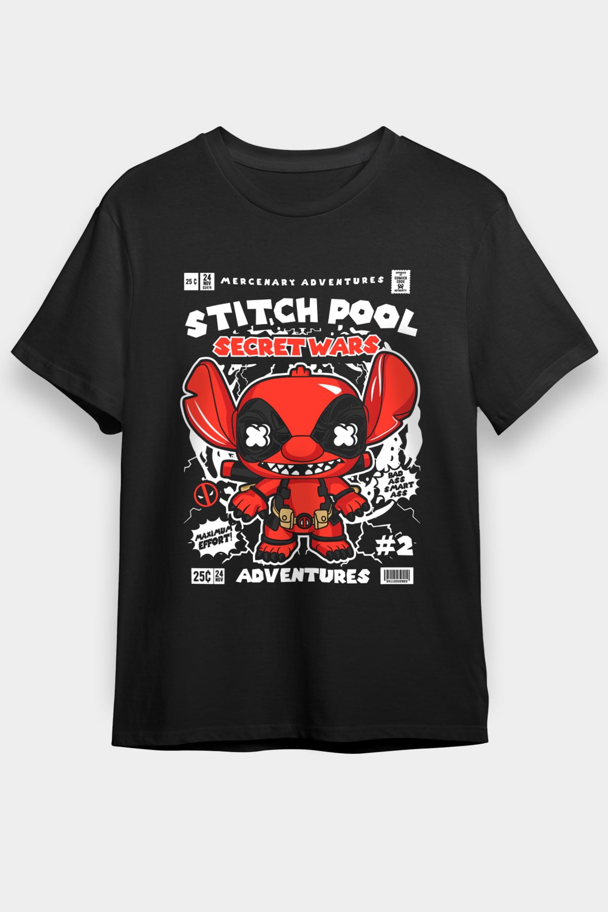 Stitch Pool Secret Wars Baskılı Unisex Siyah Tişört