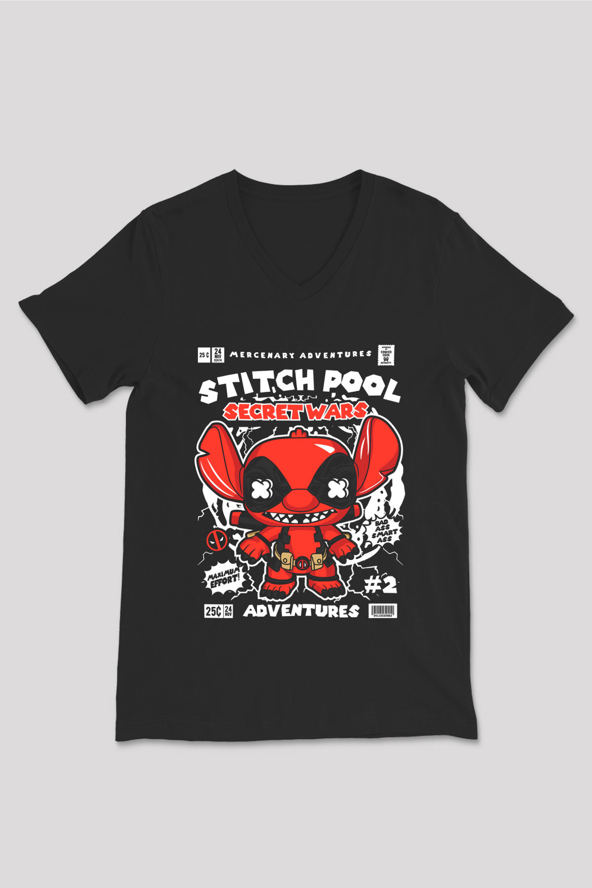 Stitch Pool Secret Wars Baskılı Unisex Siyah V Yaka Tişört