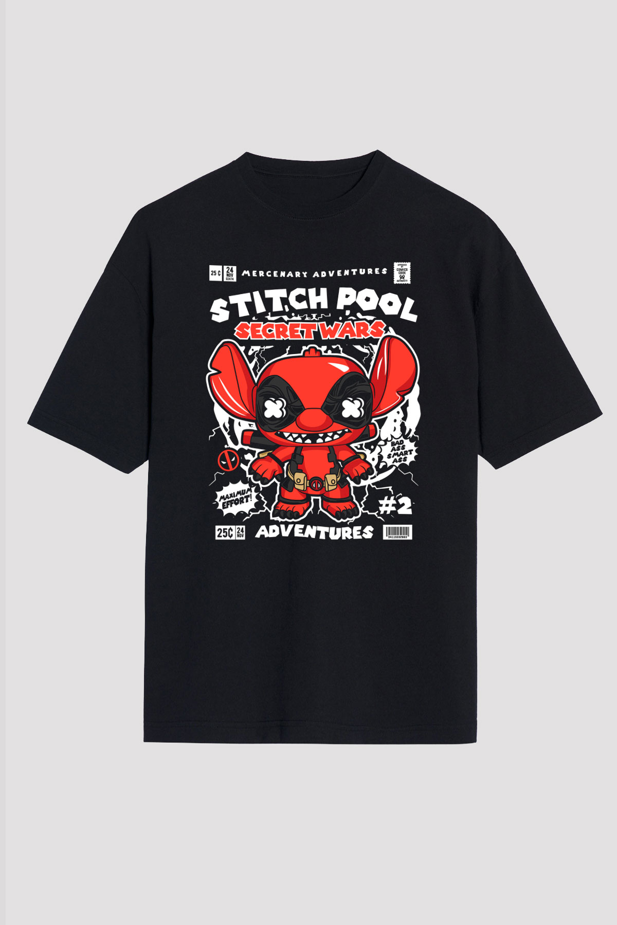 Stitch Pool Secret Wars Baskılı Unisex Siyah Oversize Tişört