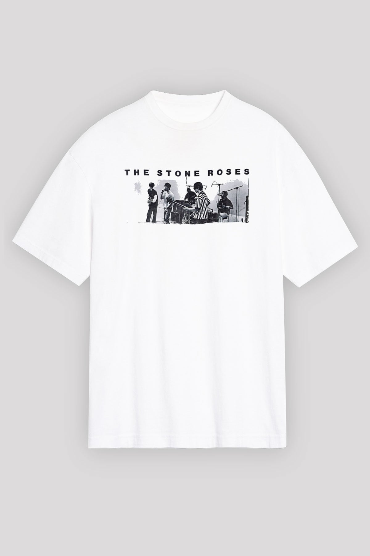 Stone Roses Baskılı Beyaz Unisex Oversize Tişört - Tshirt