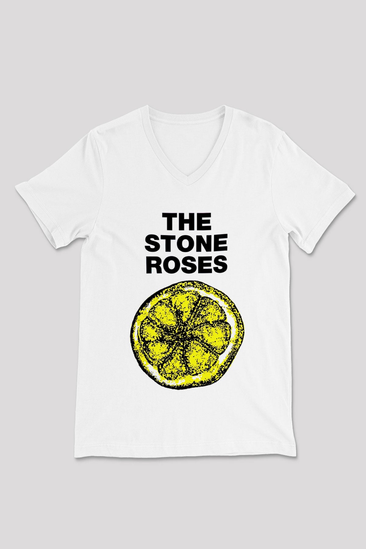Stone Roses Baskılı Beyaz Unisex V Yaka Tişört - Tshirt