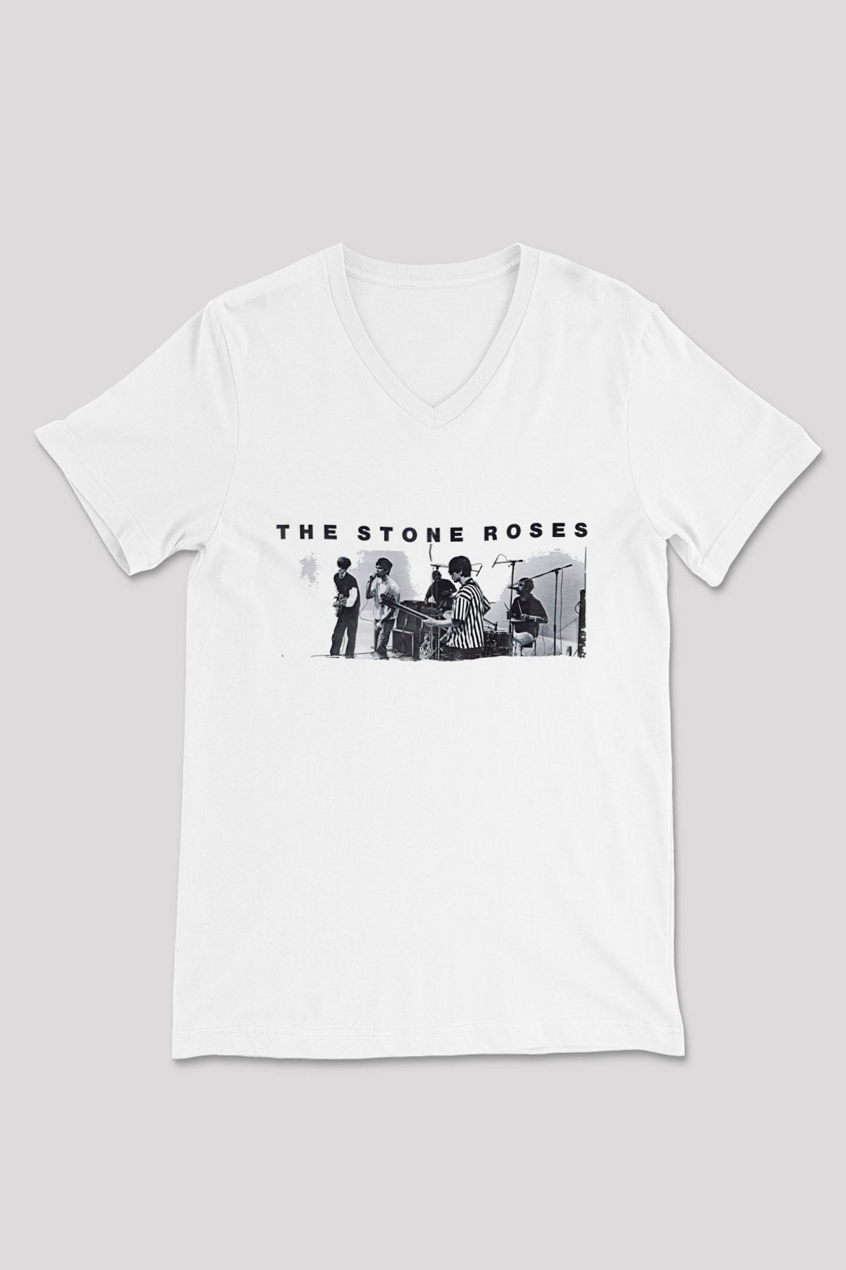 Stone Roses Baskılı Beyaz Unisex V Yaka Tişört - Tshirt