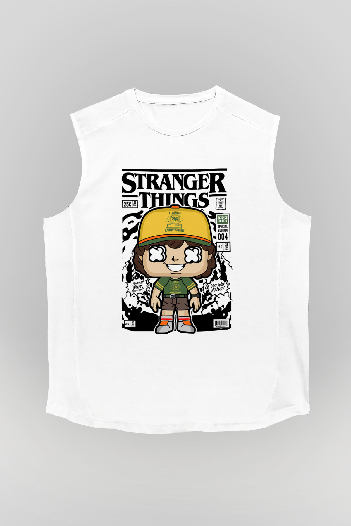 Stranger Things Baskılı Unisex Beyaz Kolsuz Tişört