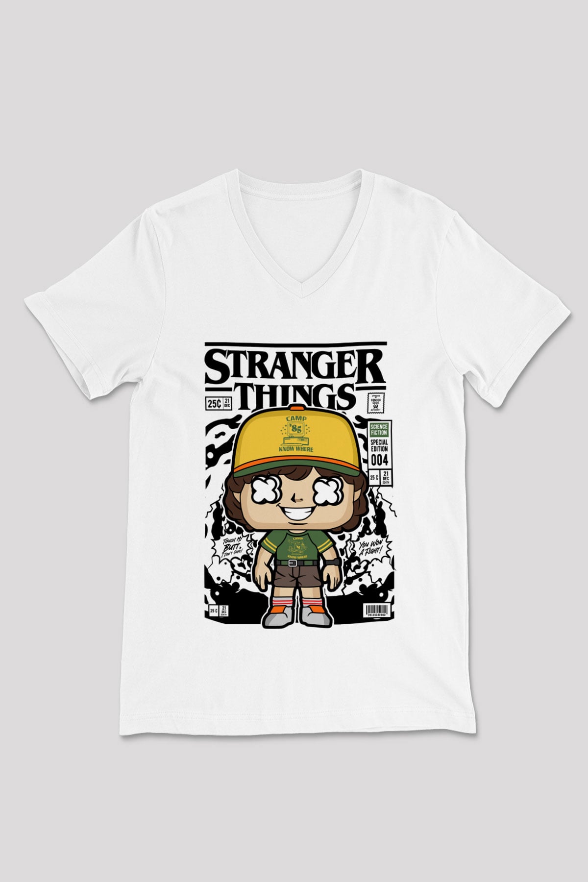 Stranger Things Baskılı Unisex Beyaz V Yaka Tişört
