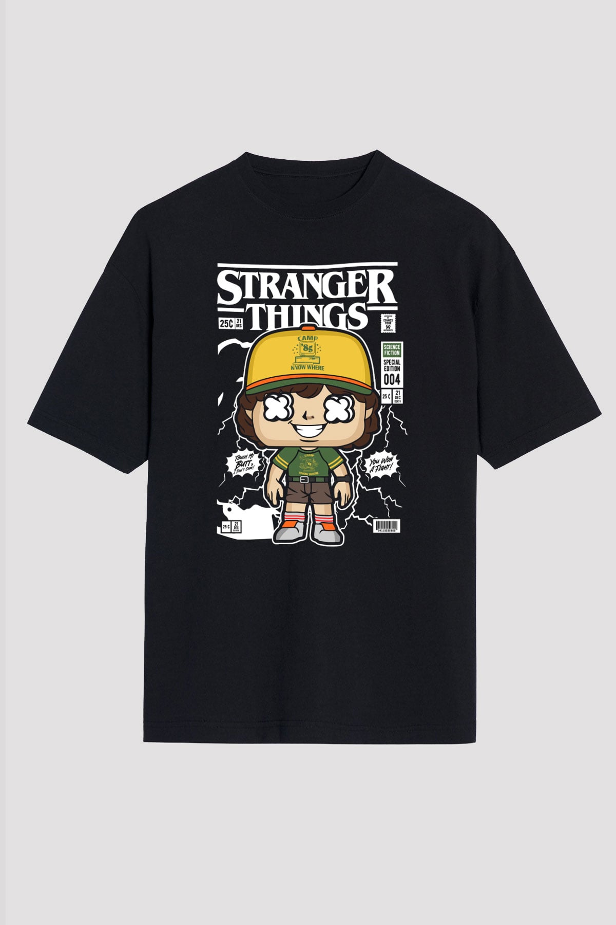 Stranger Things Baskılı Unisex Siyah Oversize Tişört
