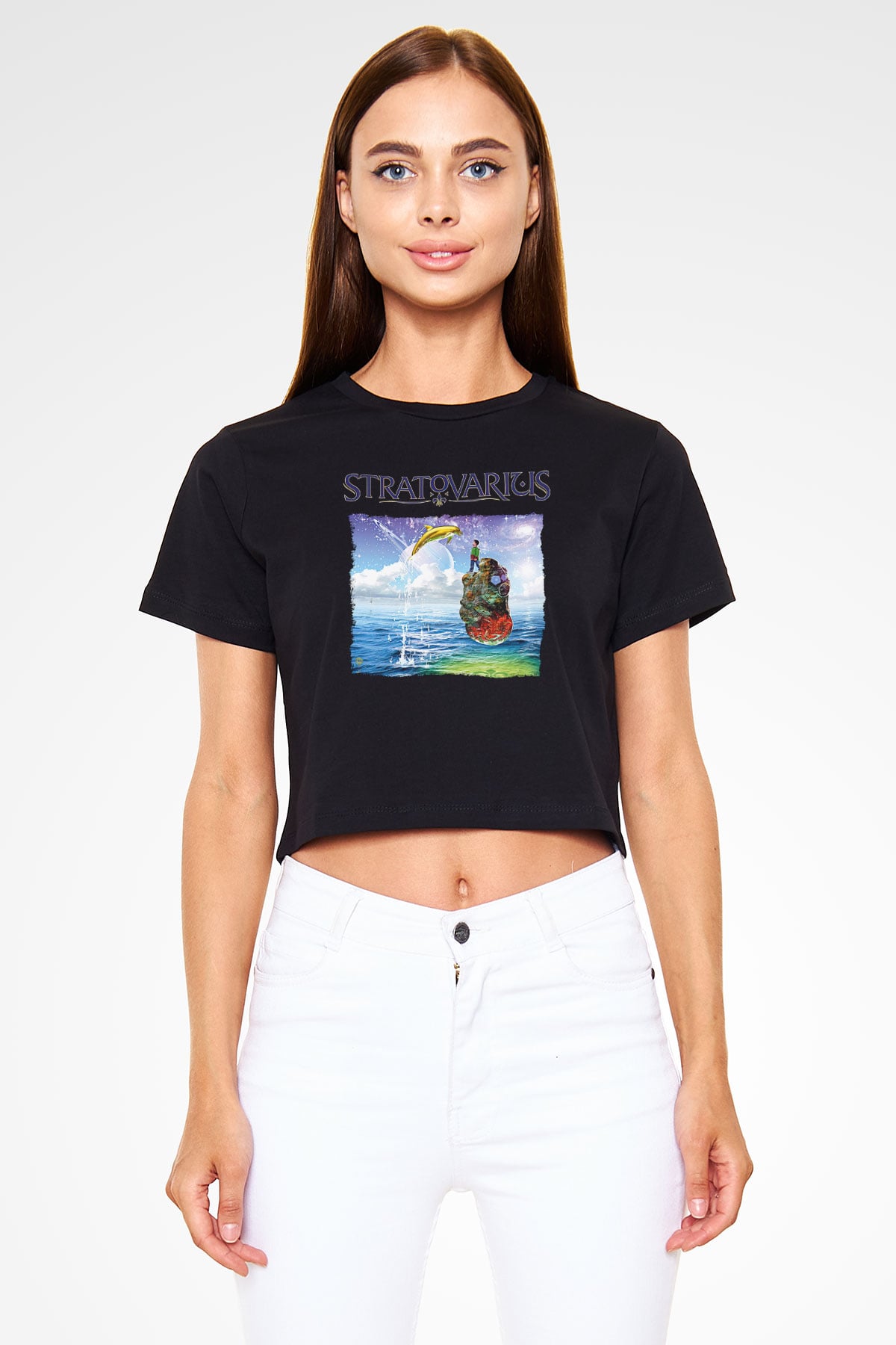 Stratovarius Baskılı Siyah Crop Top Kadın Tişört - Tshirt
