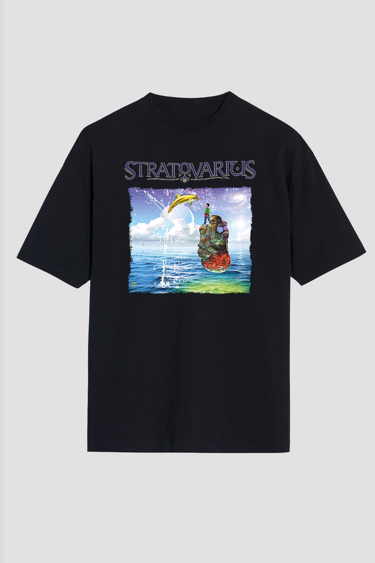 Stratovarius Baskılı Unisex Siyah Oversize Tişört - Tshirt