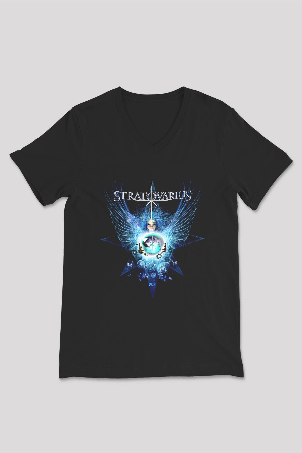 Stratovarius Baskılı Unisex Siyah V Yaka Tişört - Tshirt