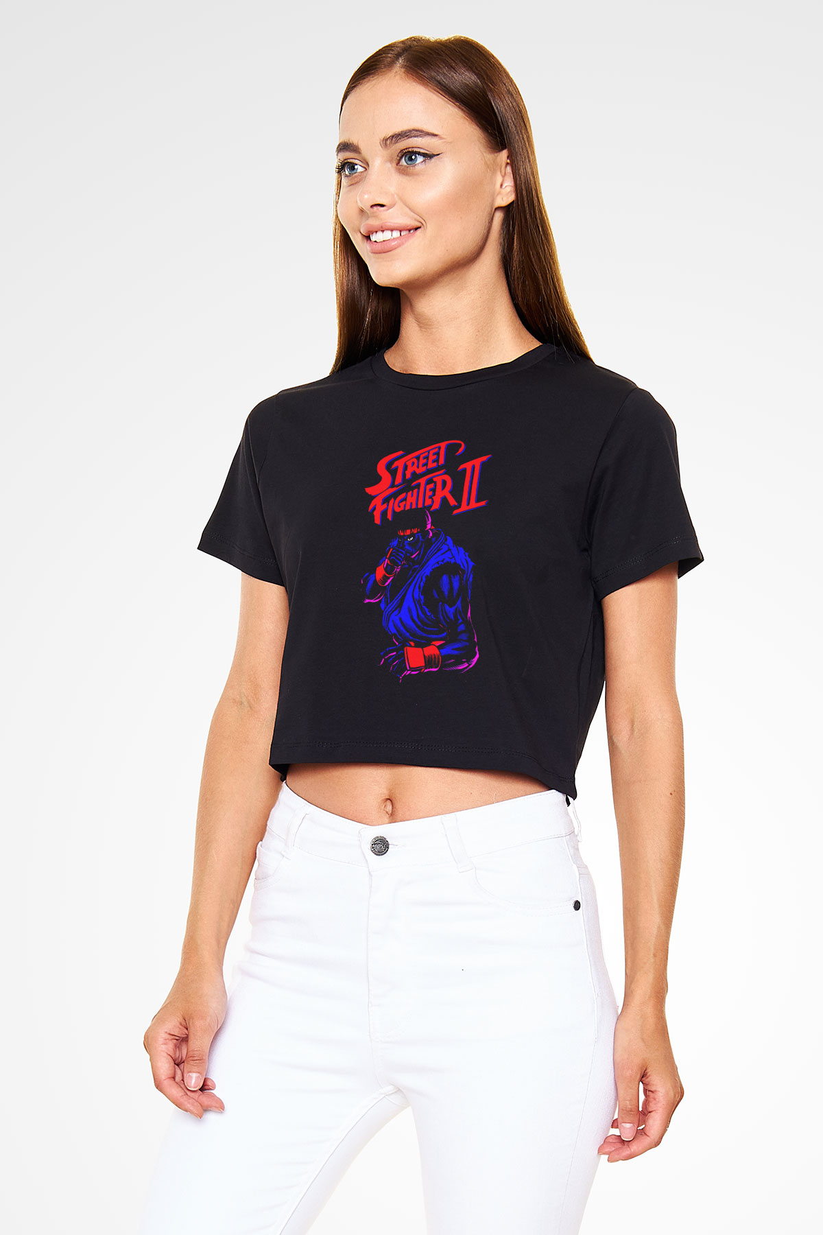 Street Fighter Siyah   Crop Top Tişört