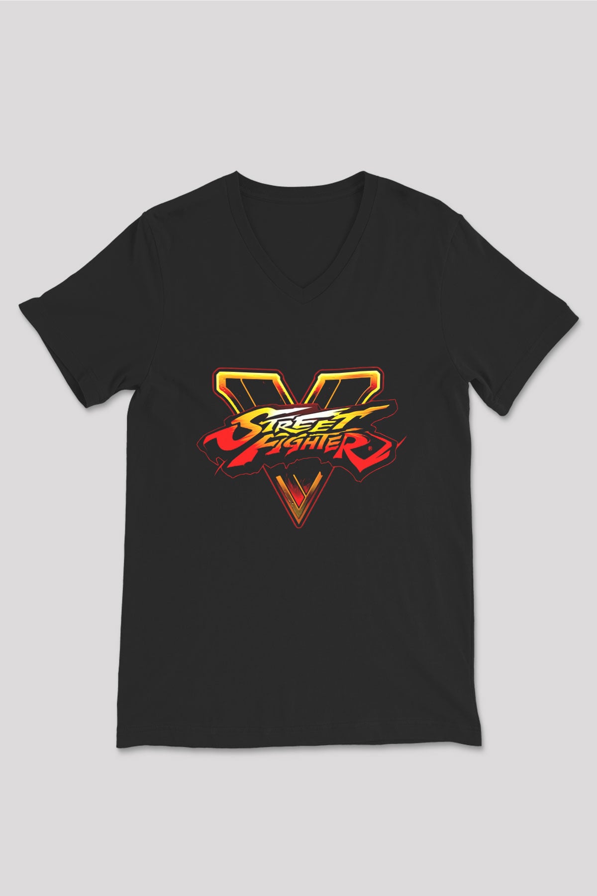 Street Fighter Siyah Unisex  V Yaka Tişört