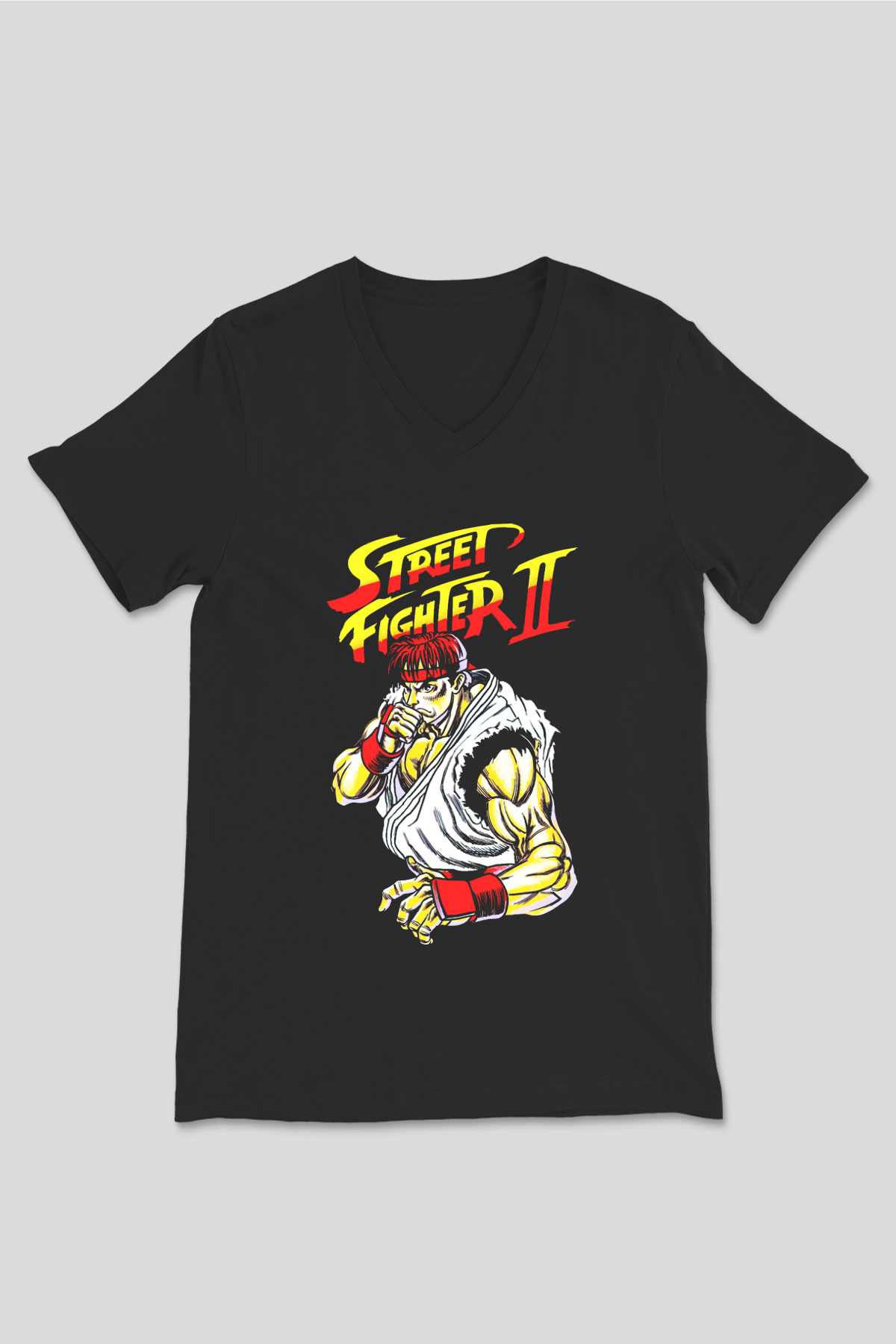 Street Fighter Siyah Unisex  V Yaka Tişört